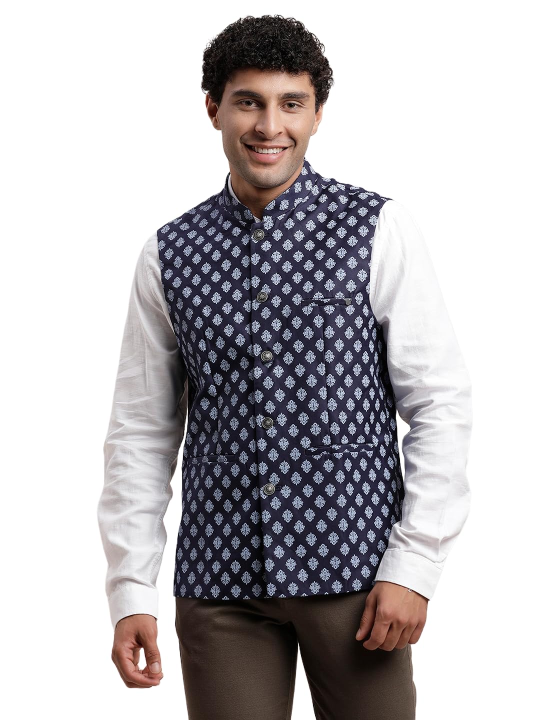 Men Polycotton Tailored Fit Printed Blue Nehru Jacket-image-42