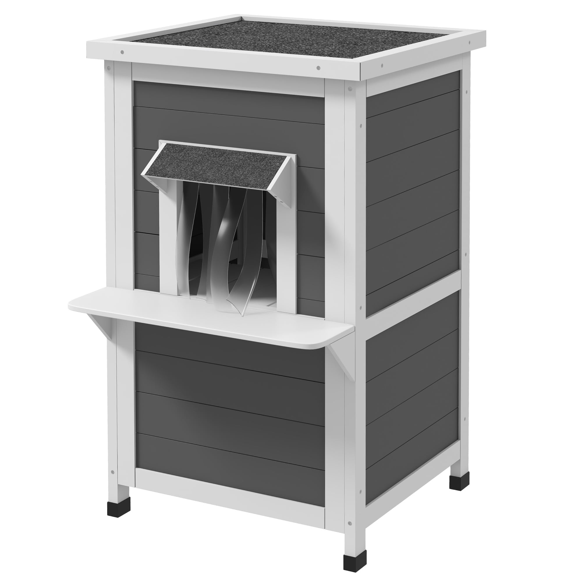 PawHut Casa para Gatos de Madera 60x60x81,5 cm Caseta para Gatos de 2 Niveles Refugio para Gatos con Cueva Cortina de Puerta Aleros Impermeables y Terraza para Interior y Exterior Gris y Blanco