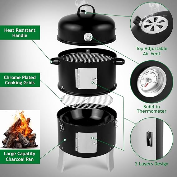 VINGLI 3-in-1 Vertical Charcoal Grill, 18.5'' Round Charcoal Smoker with Built-in Thermometer, Air Vent and 2 Access Doors, Perfect for Outdoor Cooking, Camping, Picnics, BBQs, and Tailgating Parties