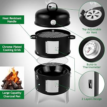 VINGLI 3-in-1 Vertical Charcoal Grill, 18.5'' Round Charcoal Smoker with Built-in Thermometer, Air Vent and 2 Access Doors, Perfect for Outdoor Cooking, Camping, Picnics, BBQs, and Tailgating Parties