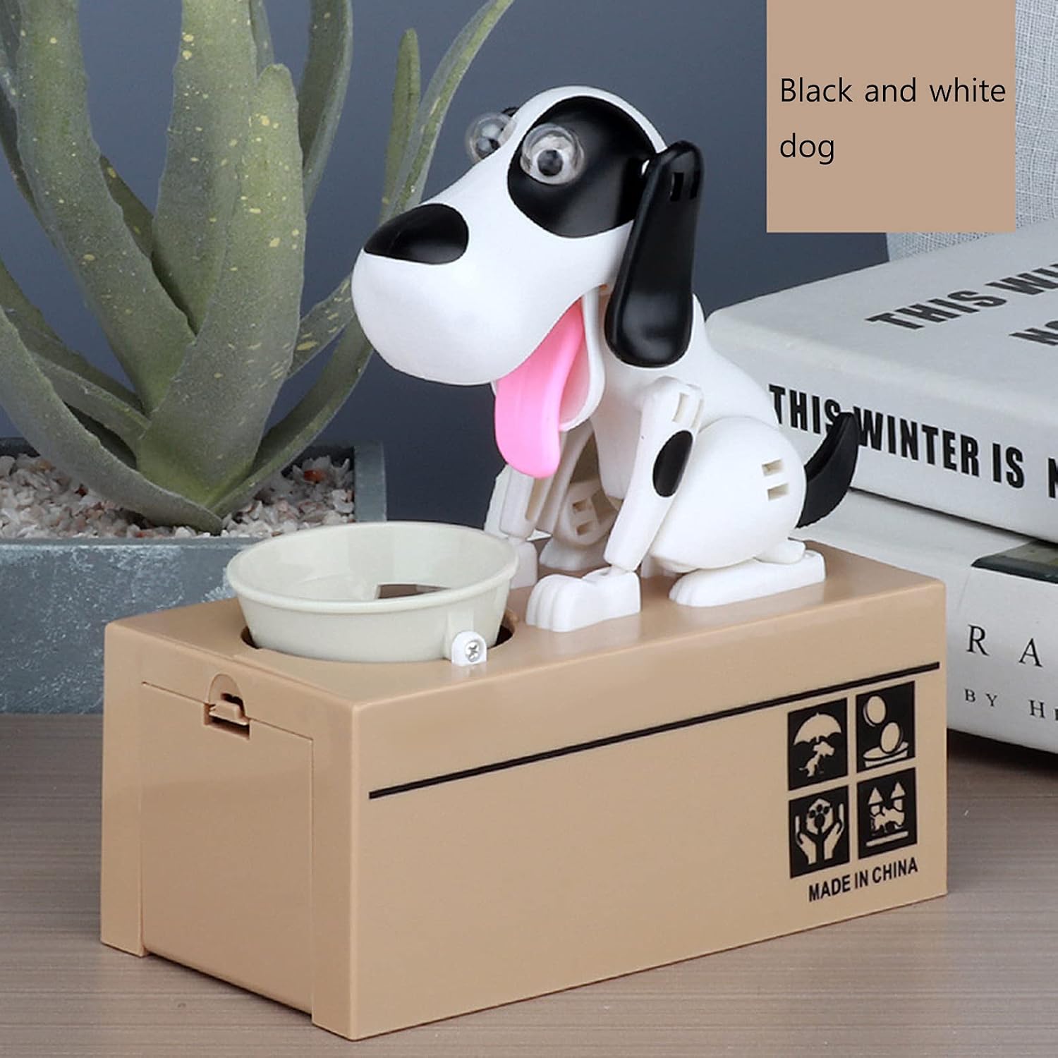 Eat Money Dog Piggy Bank, Counting Bank, coi n Sorters, Cute Cartoon Dog Piggy Bank Smart Puppy Cat Box Piggy Bank, 2.7x7in (Black and White)