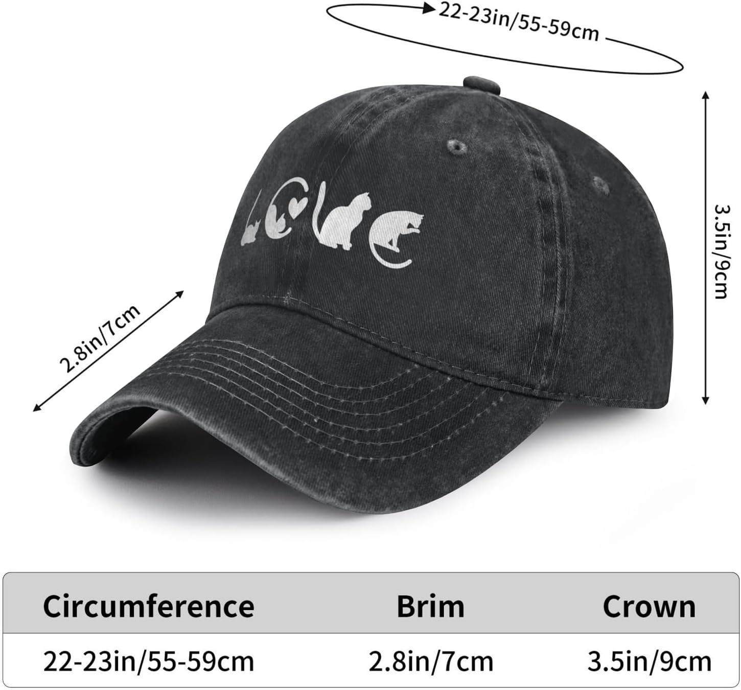 Women's Cute Cat Love Hat for Men Women, Adjustable Vintage Distressed Washed Baseball Cap for Cat Lover - Image 5