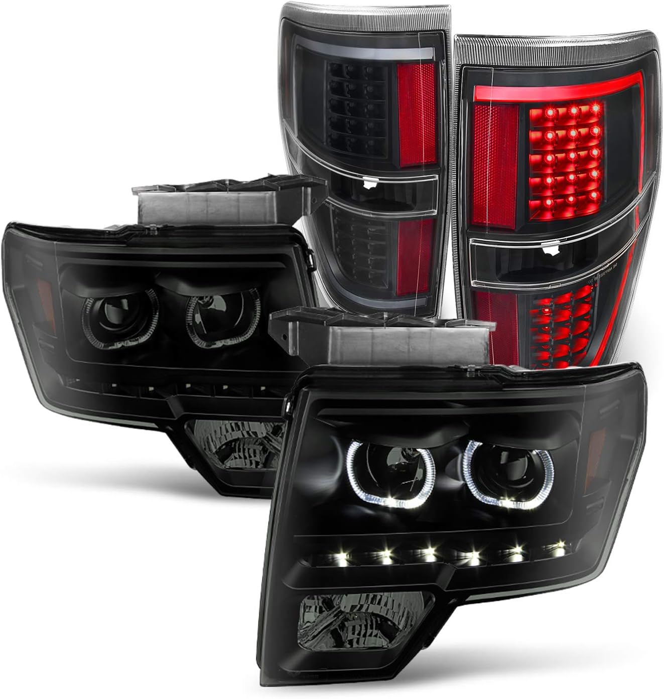 AKKON - For 2009-2014 Ford F150 Dual LED Projector Black Smoke Headlight + C-Shape Black LED Tail Lamp
