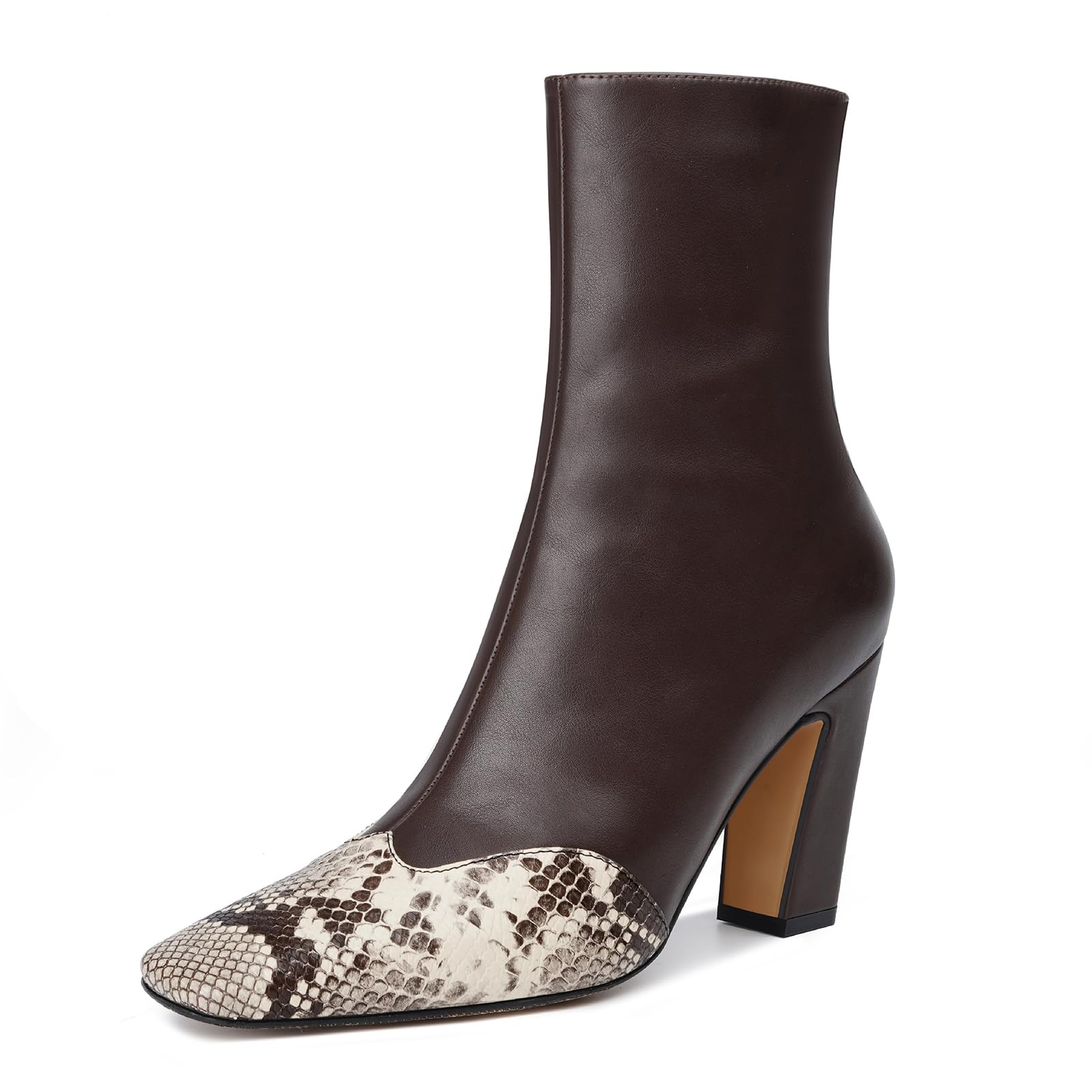 Vertundy Womens Ankle Boots Square Toe Booties High Block Chunky Heel Snakeskin Patchwork Leather Chelsea Boots