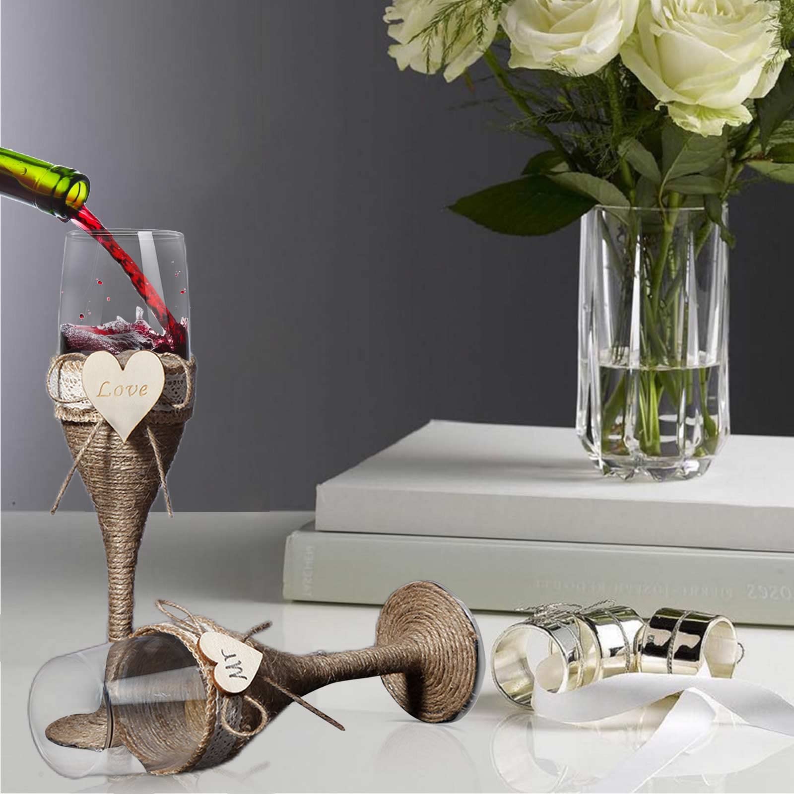 Set di 4 calici da champagne rustici per brindisi da sposa, sposi e sposi per matrimoni, champagne, spago di iuta naturale, decorazione per matrimoni