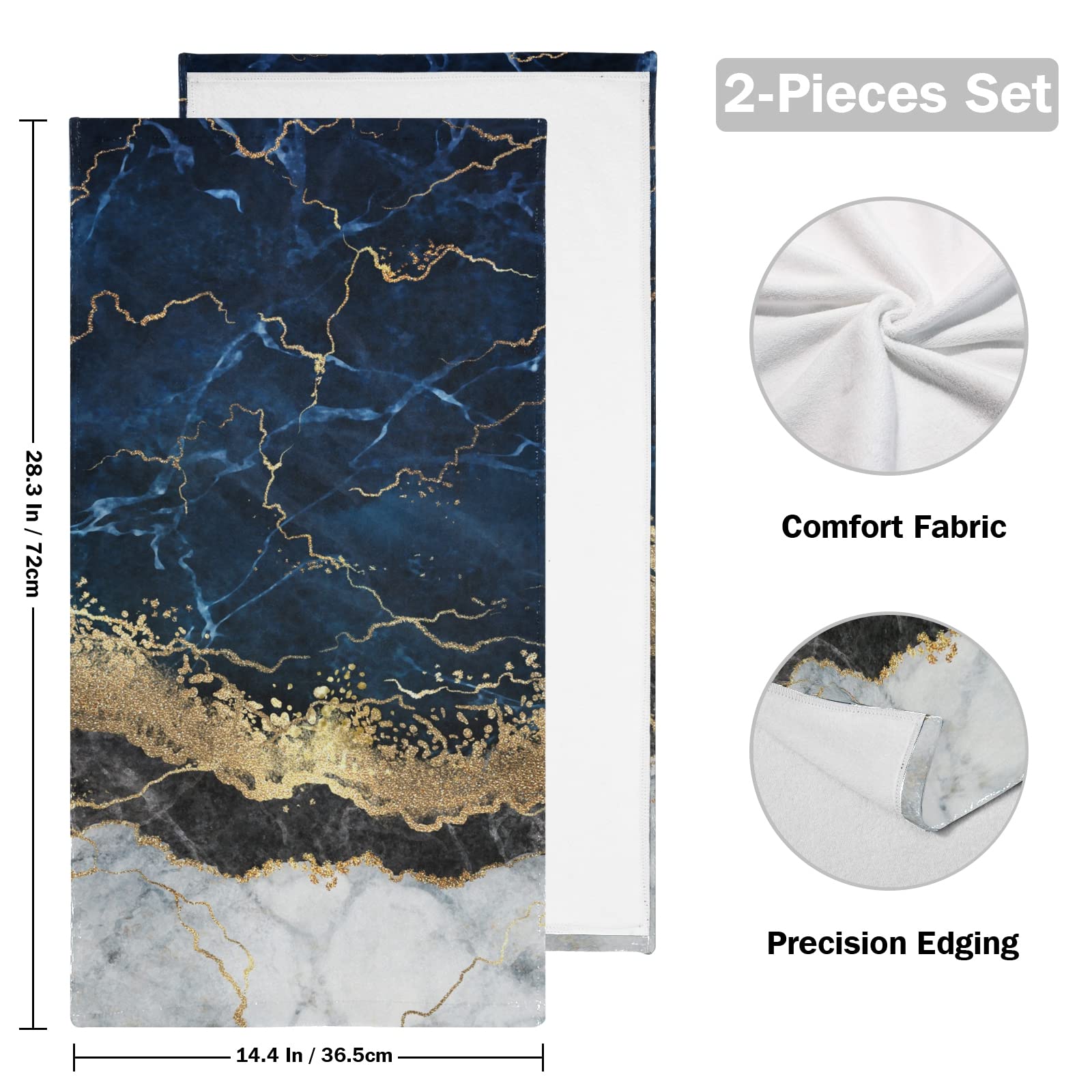 Bath Towels Set of 2 Hand Towels for Bathroom Cotton Navy Blue Marble with Golden Veins Decorative 28x14in Absorbent Soft