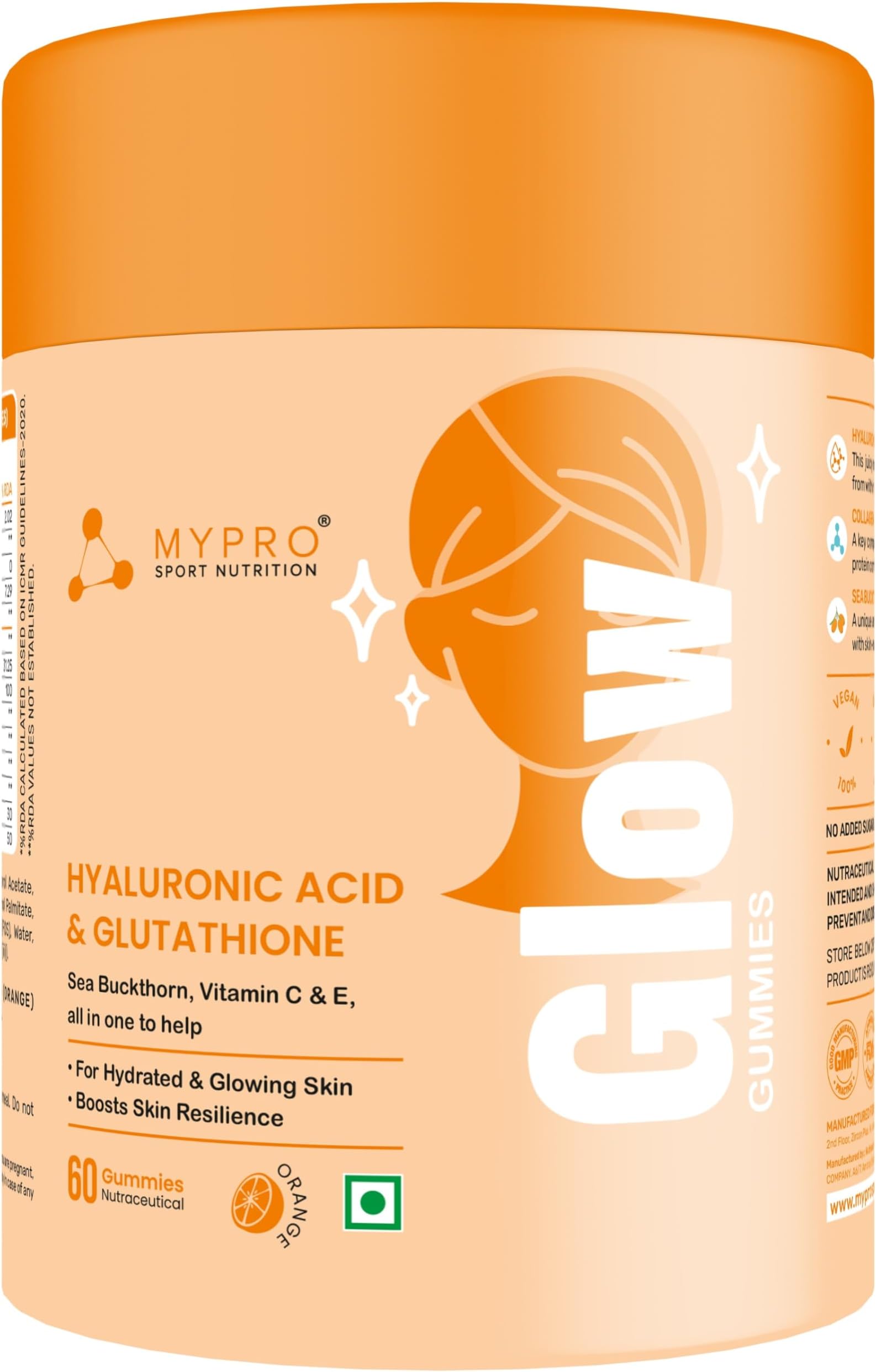 Glow Skin Gummies | With Glutathione, Hyaluronic Acid, Sea Buckthorn, Vitamin C & E | For Hydrated, Glowing Skin, Anti‑Ageing Support | Natural Orange, 60 Count (Pack of 1)