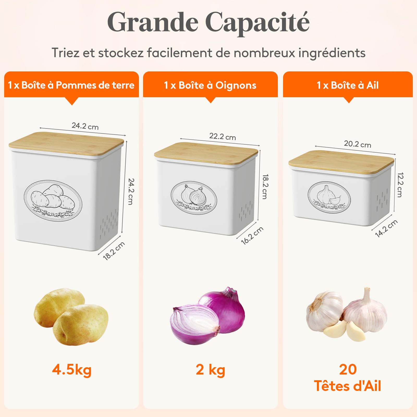 Lifewit Rangement Pomme de Terre, Grande Boite Oignons avec Couvercle et Des Trous de Ventilation, Boîtes de Legumes Rangement Cuisine en Plastique Empilables, 24 cm(H), Blanc, 3 Pièces