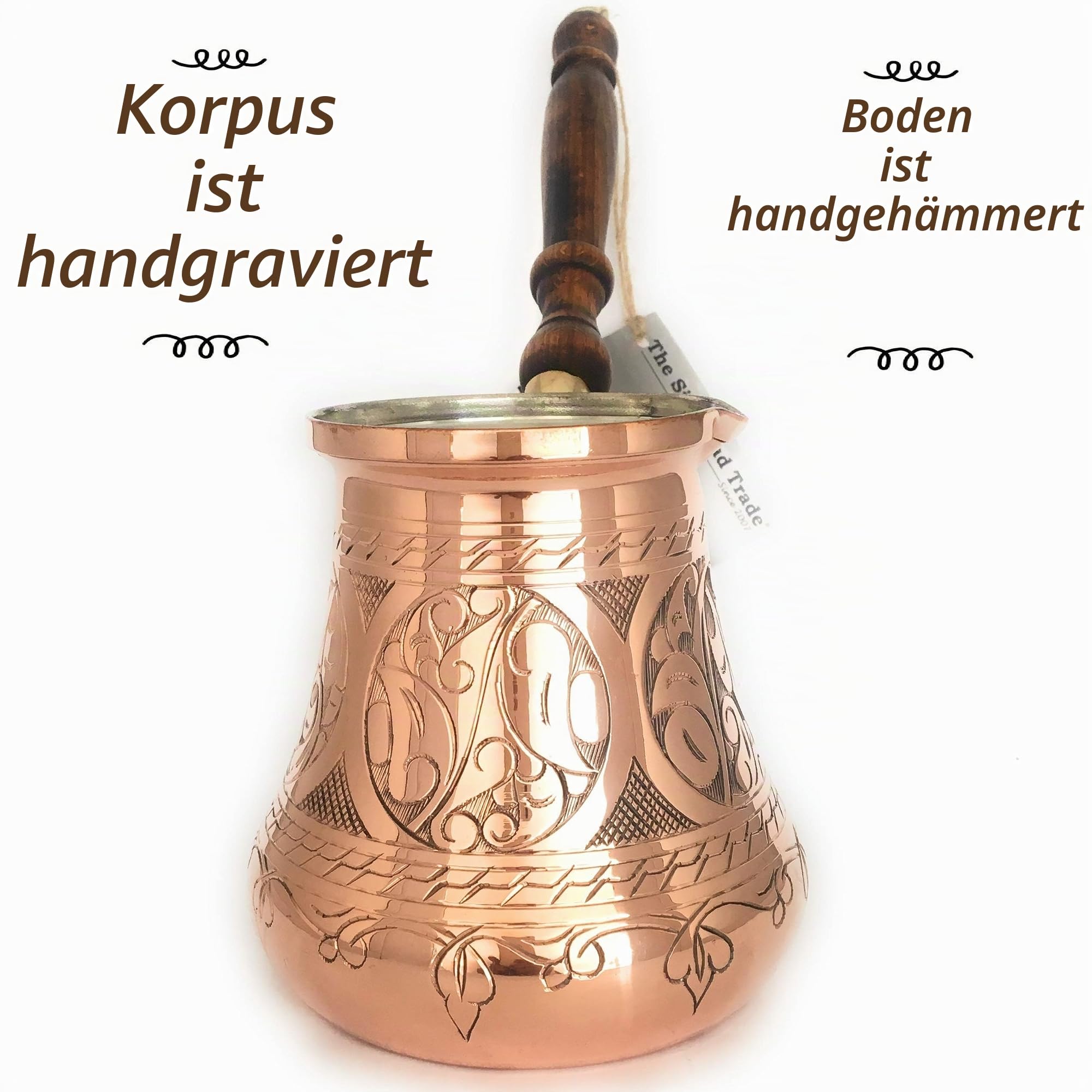 PC-Serie (XXL) – dickster massiver Kupfer-gravierter und gehämmerter türkisch-griechisch-arabischer Kaffeekanne mit Holzgriff, strapazierfähig, Cezve, Ibrik (828 ml)
