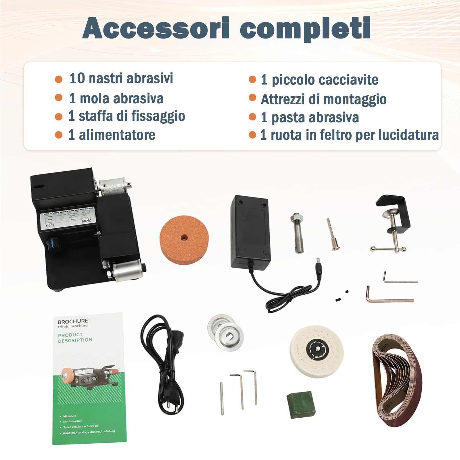 OUKANING Mini Band Sander 350 W Elettrico - Levigatrice a nastro per tavolo da 0-10000 RPM, 7 velocità di regolazione continua della velocità, con 10 nastri abrasivi, disco abrasivo e inserto per