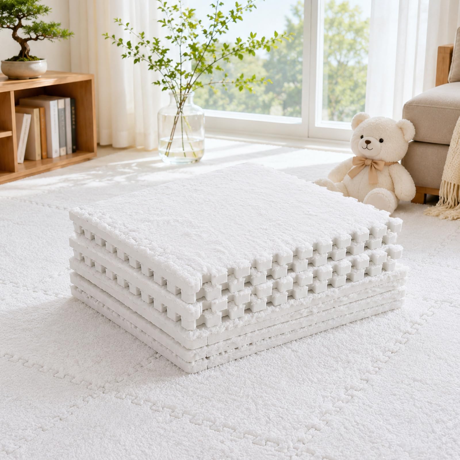 Oungy 20Pcs Plush Crawling Mat, 30x30cm Carpet Puzzle Floor Tiles, EVA Foam Plush Interlocking Carpet Tiles, Non-Slip Puzzle Carpet Fluffy Floor Tile for Bedroom, Living Room - White
