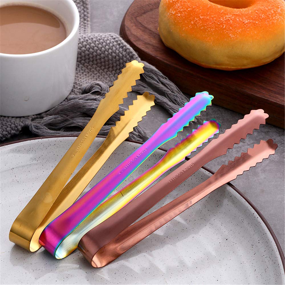 Juego de 3 pinzas y cuchara de hielo de acero inoxidable, pinzas para servir con dientes para cubos grandes, barra inferior redonda, congelador, cubo, juego de 3 (cobre oro rosa) 4