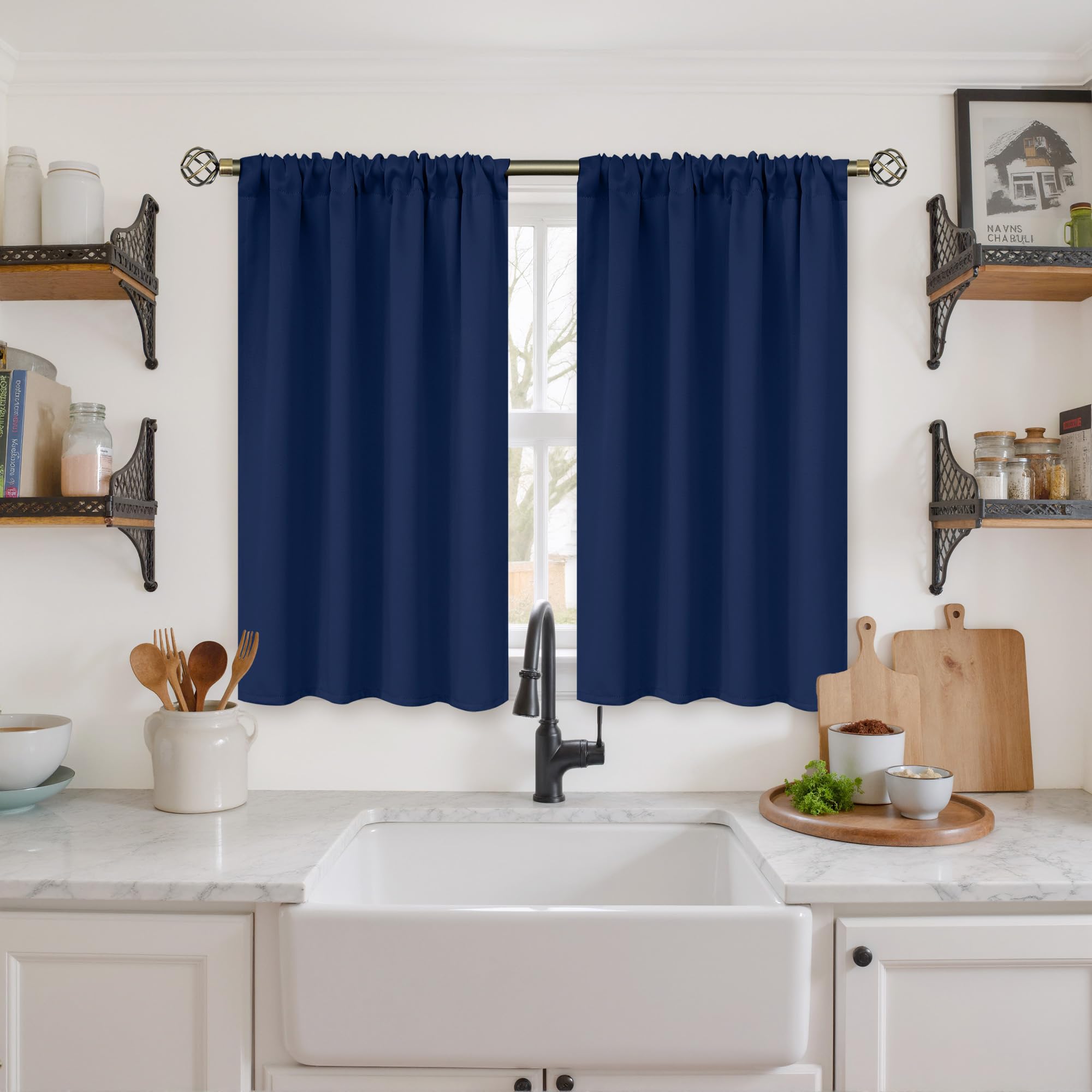 BGment Navy Blue Blackout Curtains 40 Inches Length for Bedroom - Short Thermal Insulated Drapes with Rod Pocket for Kitchen Cafe Bathroom Window Darkening Privacy, 42 x 40 Inch, 2 Panels — image 1