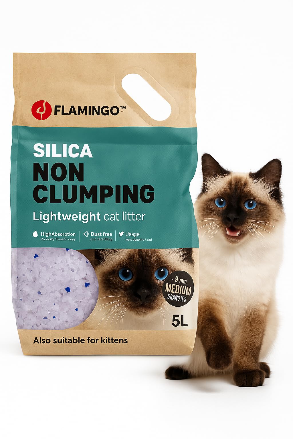 Flamingo lettiera per gatti - lettiera silicio per gatti -Silicio Granulato Medio - 5L (Fino a 6 Settimane)- Ultra Assorbente - Super leggero, senza polvere e di durata extra lunga!