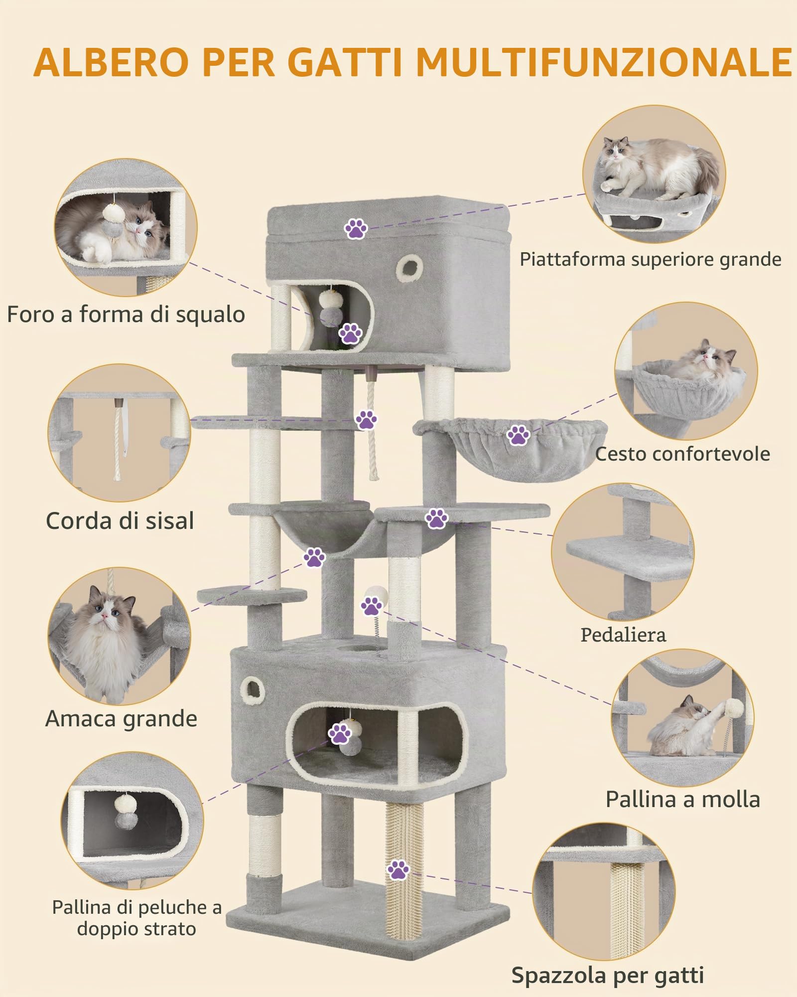 Hzuaneri Tiragraffi per Gatti, Albero per Gatti Multistrato da 178 cm con Grande Piattaforma, 2 Grotte, 7 Pali in Sisal, Pompon, Cesta, Amaca, Grigio Chiaro MS17818LG