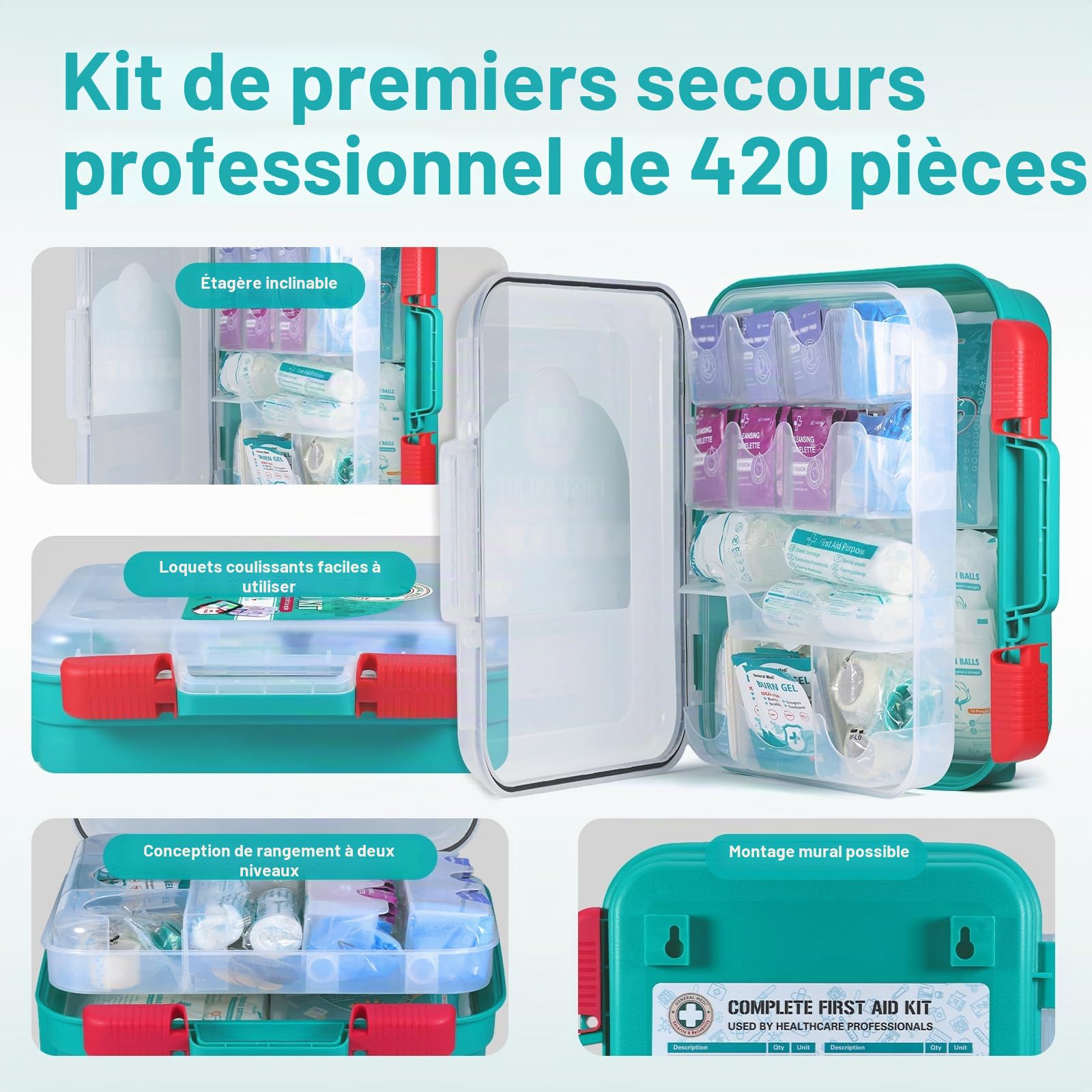 General Medi Kit de premiers secours professionnel 420 pièces – Boîte de premiers secours rigide – Contient des fournitures médicales de qualité supérieure pour voyage, maison, bureau, véhicule
