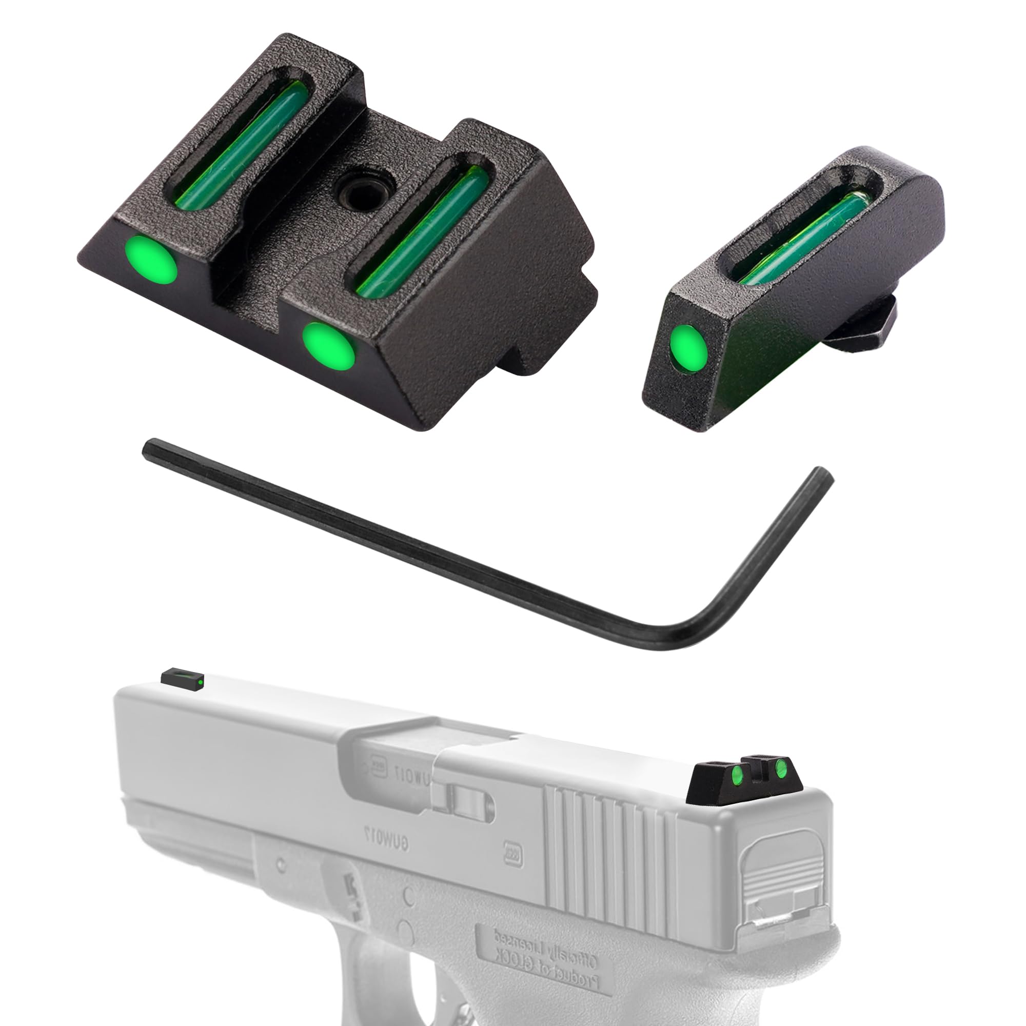 TFFUAM No-Tritium Fiber Optic Sights for Glock 17,17L,19,22,23,24,26,27,33,34,35,38 and 39 Aluminum Red Green Fiber Optic 3 Dot Front and Rear Sight Set for Glock Pistol Handgun (Green Dot)
