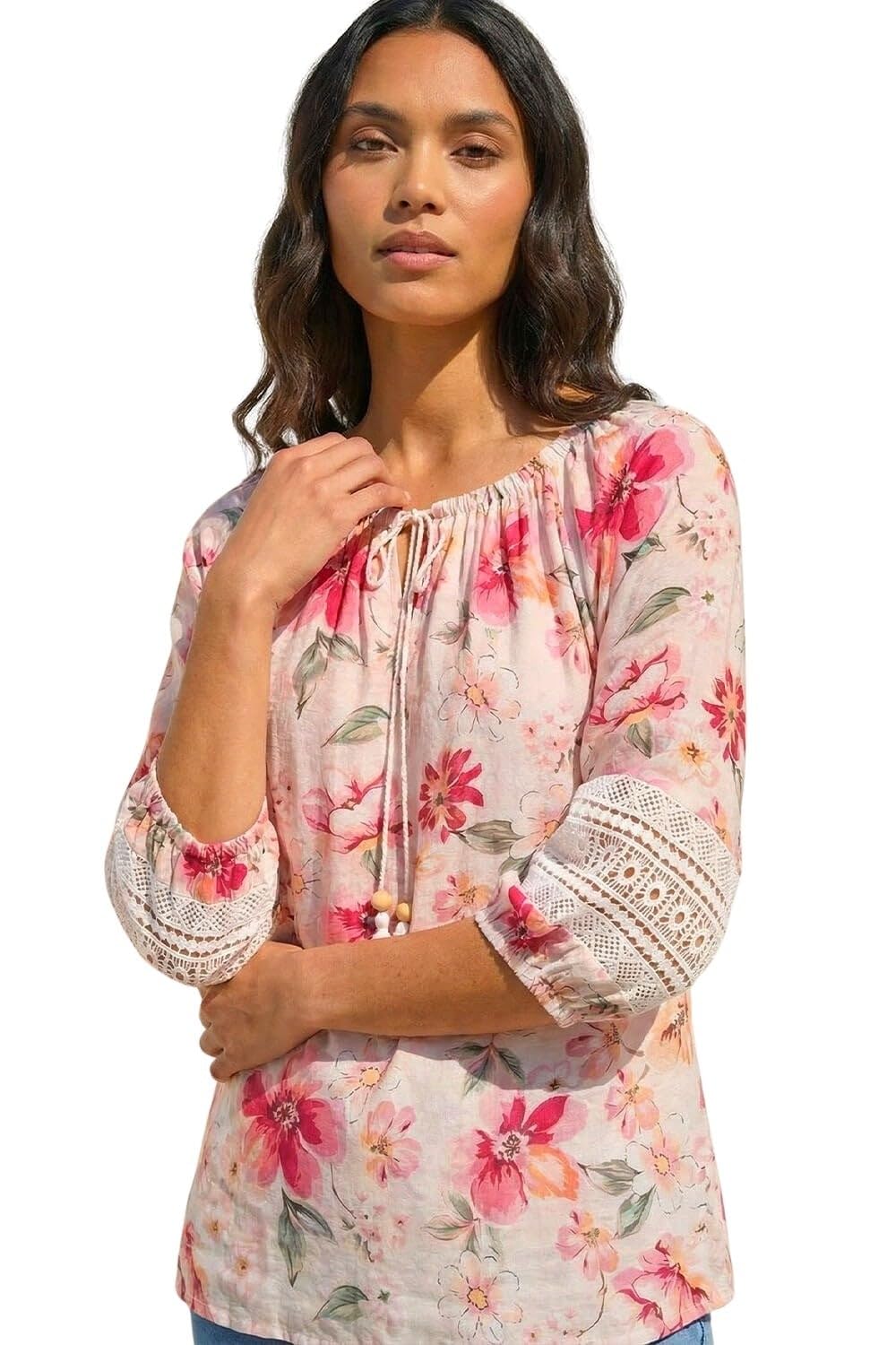 Roman Women's Floral Tie Front Top in Pink | Size: 20