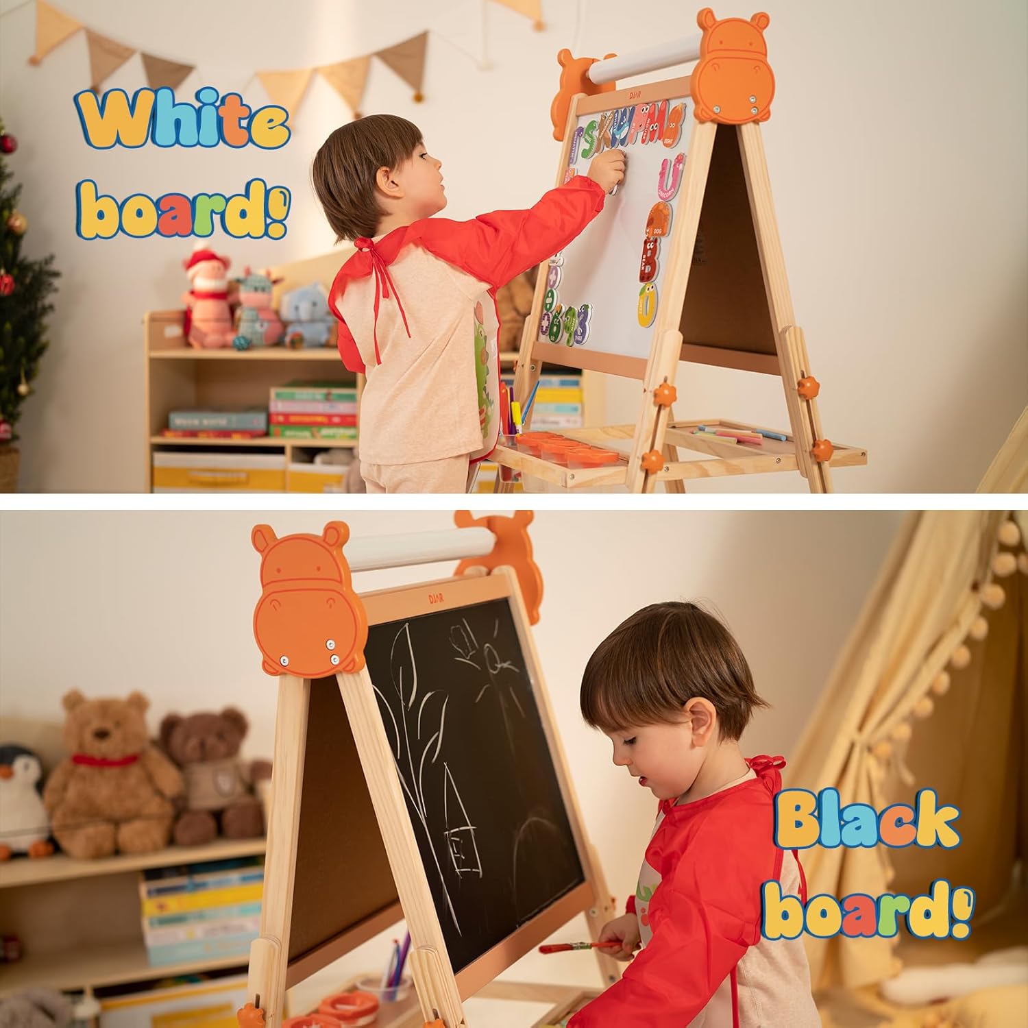 DJAR Easel for Kids with Paper Roll, Adjustable Wooden Art Easel for 3~12 Years Kids Boys Girls Painting Drawing, Magnetic Double Sided Drawing Board Whiteboard & Chalkboard for Kid, Hippo