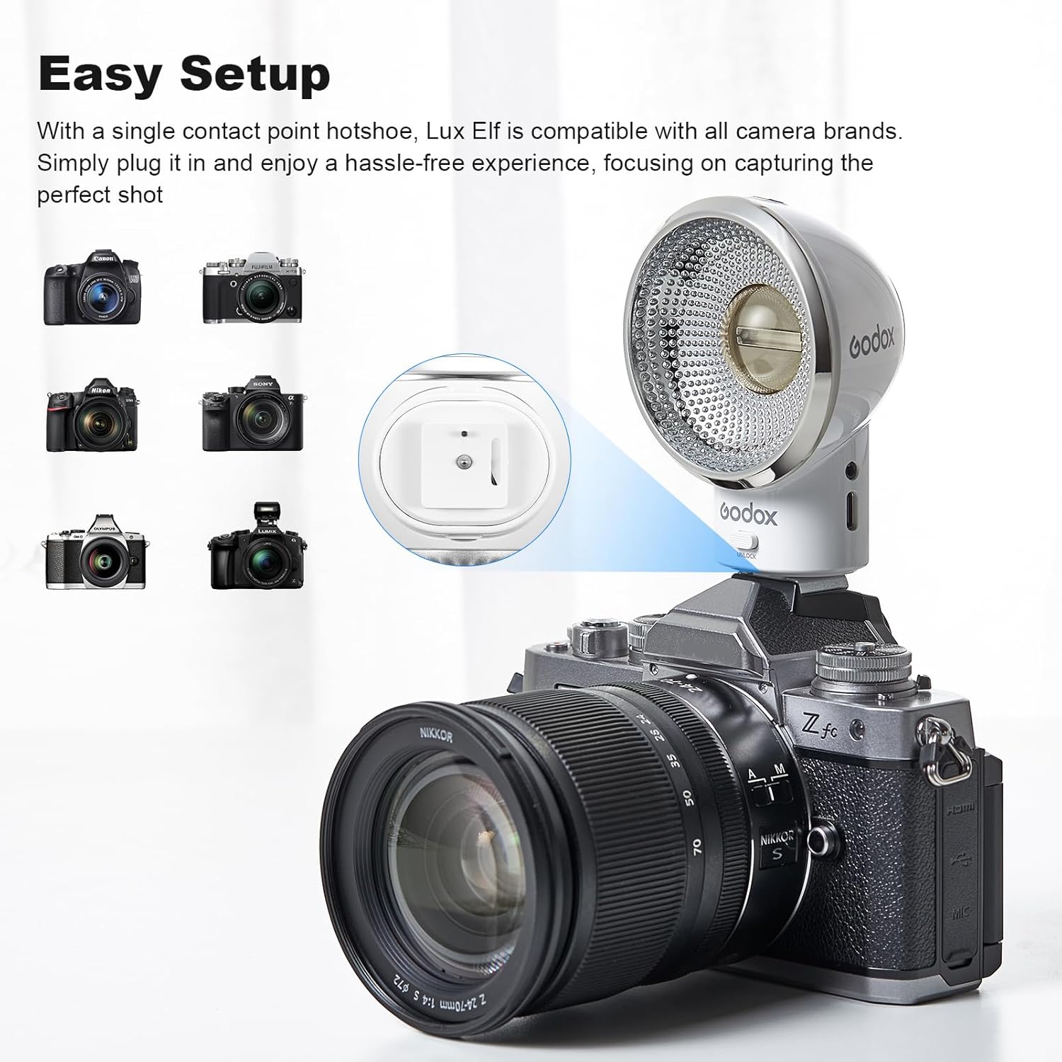 Godox Lux Elf Retro Camera Flash Kit for Beginners, 400 Flashes at Full Power with Visual Guide Power Selection Dial, S1/S2 Optical Control for Fuji, Canon, Nikon, Sony, Olympus for traveling shooting