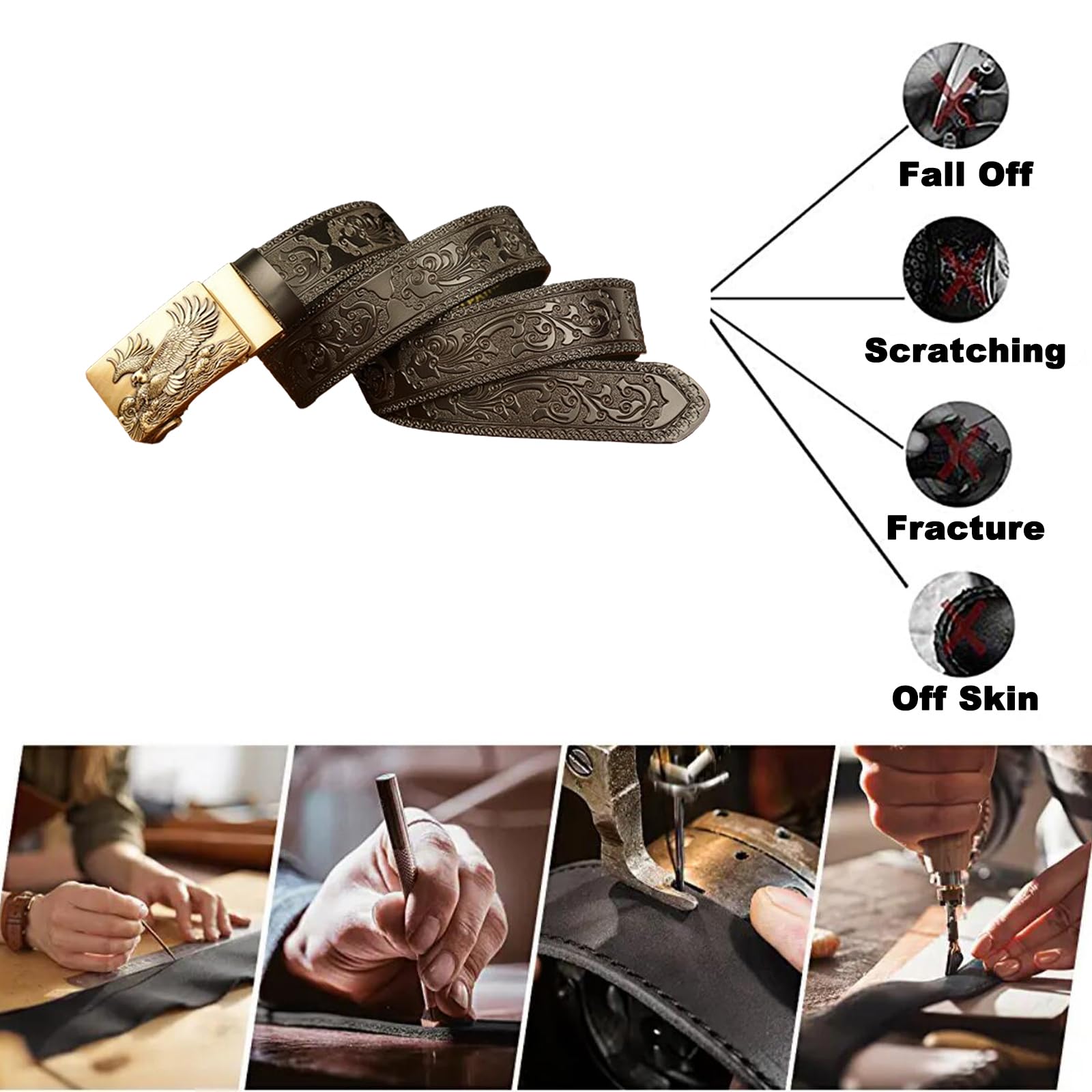 Cinturón De Cuero Con Trinquete Occidental For Hombre Hebilla Grabada Águila