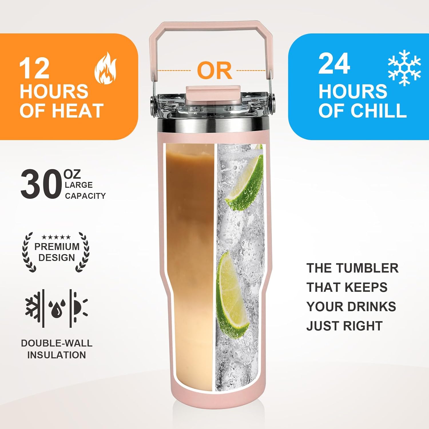 Insulated tumbler with lid and straw,tumbler with handle and flip straw cup traveler 30 oz water bottle mug Vacuum Sealed Cupholder Friendly BPA-Free Leak-Proof (Pink) - Image 3