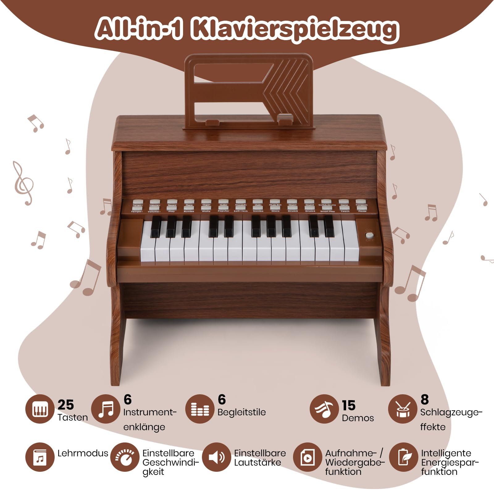 GOPLUS Klavier Kinder, 25 Tasten Leuchttasten-Piano, elektrisches Holzklavier mit abnehmbarem Notenhalter, Lehrmodus, einstellbare Lautstärke, Musikinstrument für Kinder ab 3 Jahren (Braun)