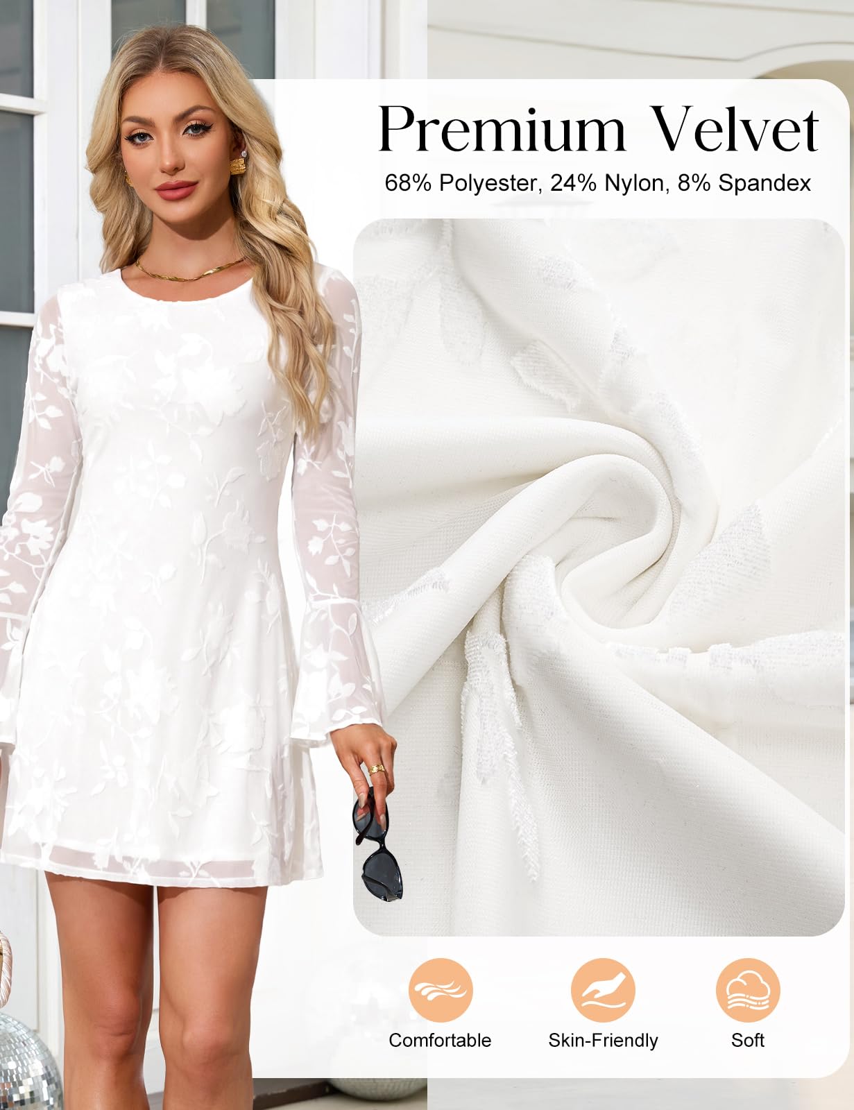 Robe Femme Manches Longues Mini Robe Soiree Chic et Elegant | Robe Cocktail, à Col Rond, Robe Manche Longue, Trapeze, Dentelle, Robe Ceremonie Sexy, Portefeuille,Automne, Hiver
