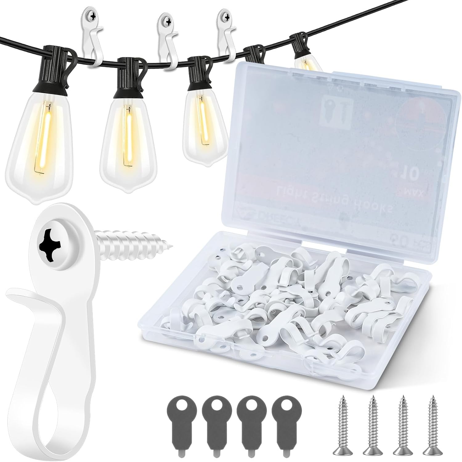 60 Pack String Lights Hooks, Stainless Steel Outdoor String Lights Hanger Clips with Screw & Adhesive Strips, Christmas Light Clips for Outside Holiday Decor, Fairy Led Lights Plants Wind Chimes Black