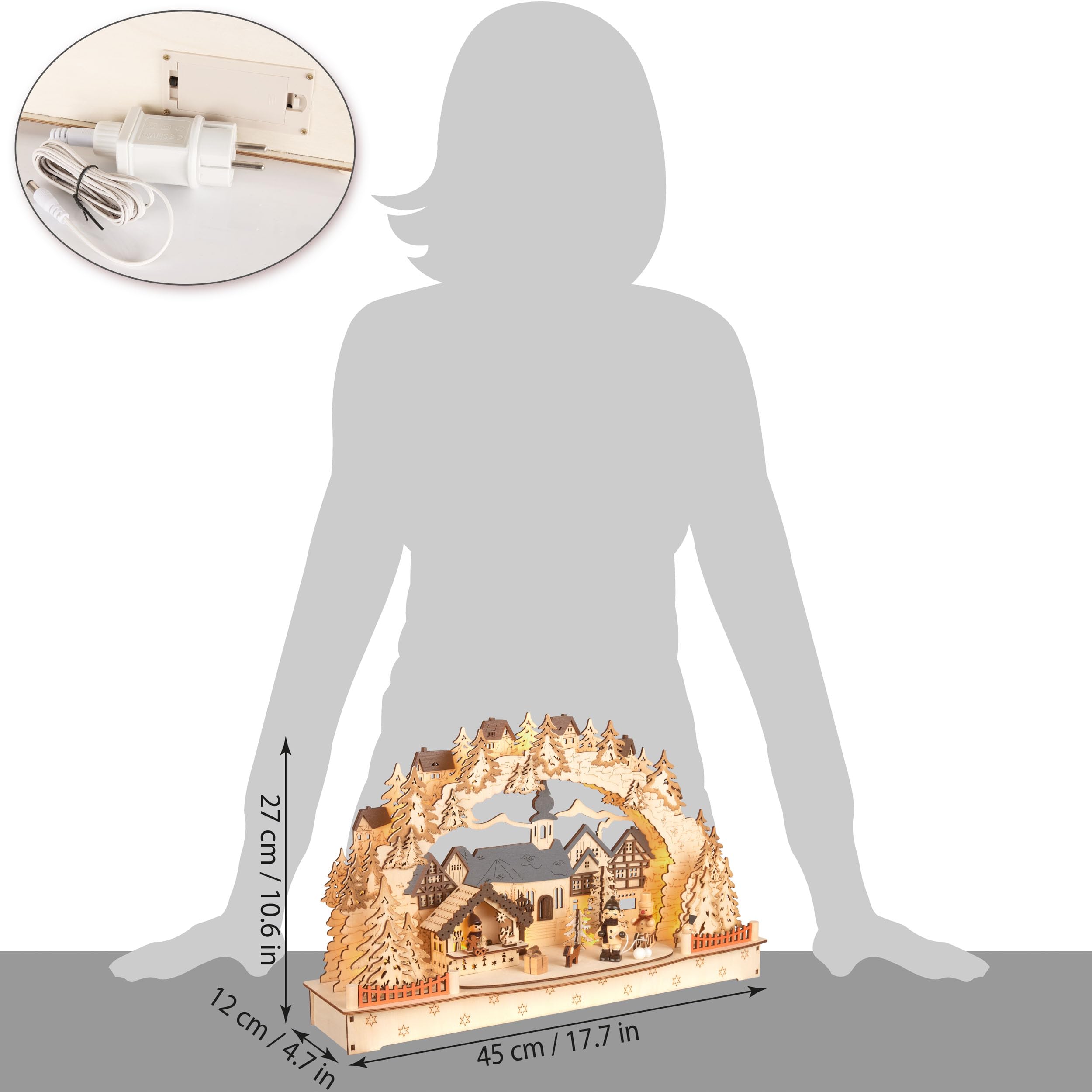 Brubaker 3D Lichterbogen - LED Schwibbogen - Großes Weihnachtsdorf 2026 - Weihnachtsbeleuchtung aus Holz Natur - 27 x 45 x 12 cm - Handbemalte Figuren - Weihnachtsdeko für Tisch & Fenster