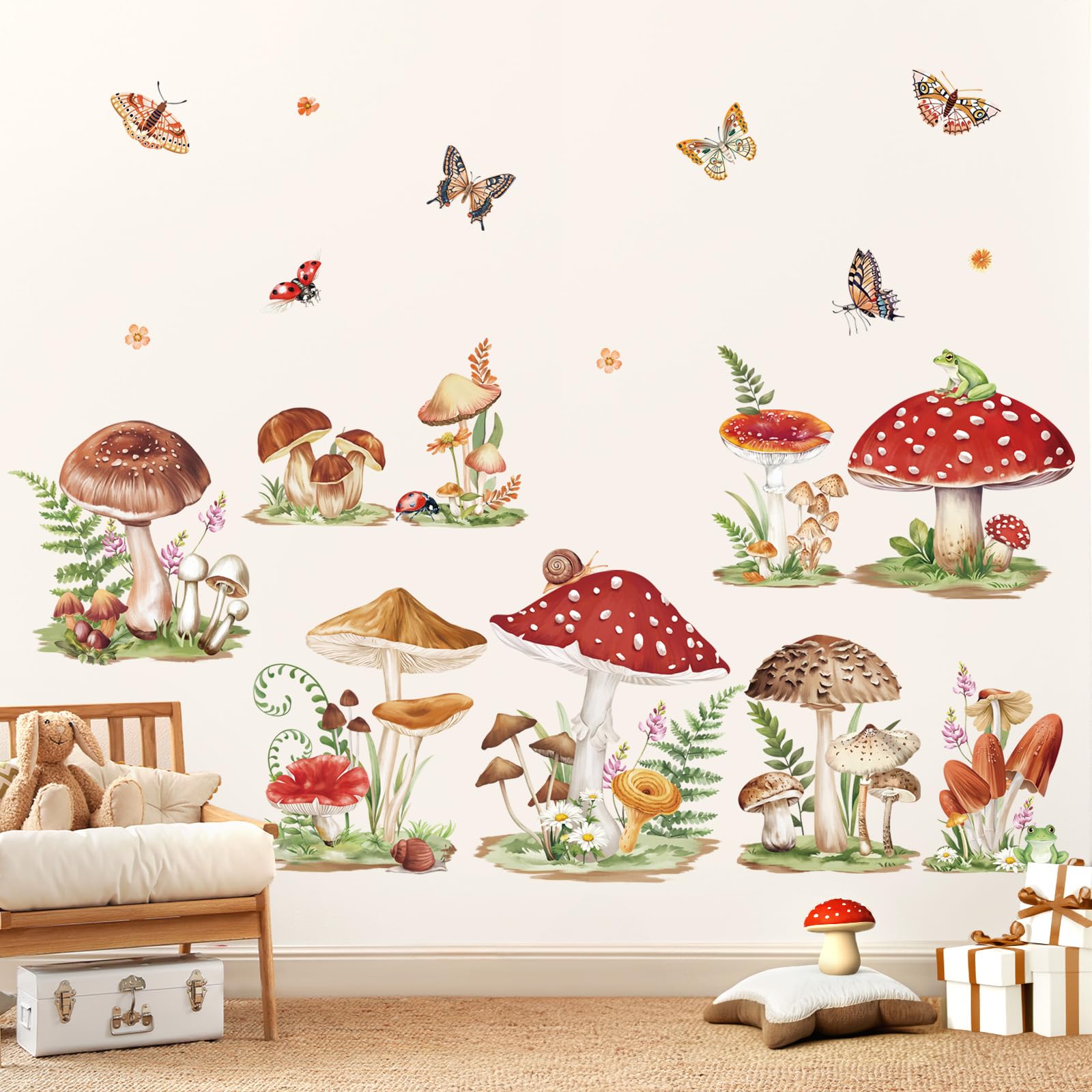 decalmile Mushroom Wall Decals Woodland Butterflies Insects Wall Stickers Daycare Girls Bedroom Baby Nursery Wall Decor - Image 2