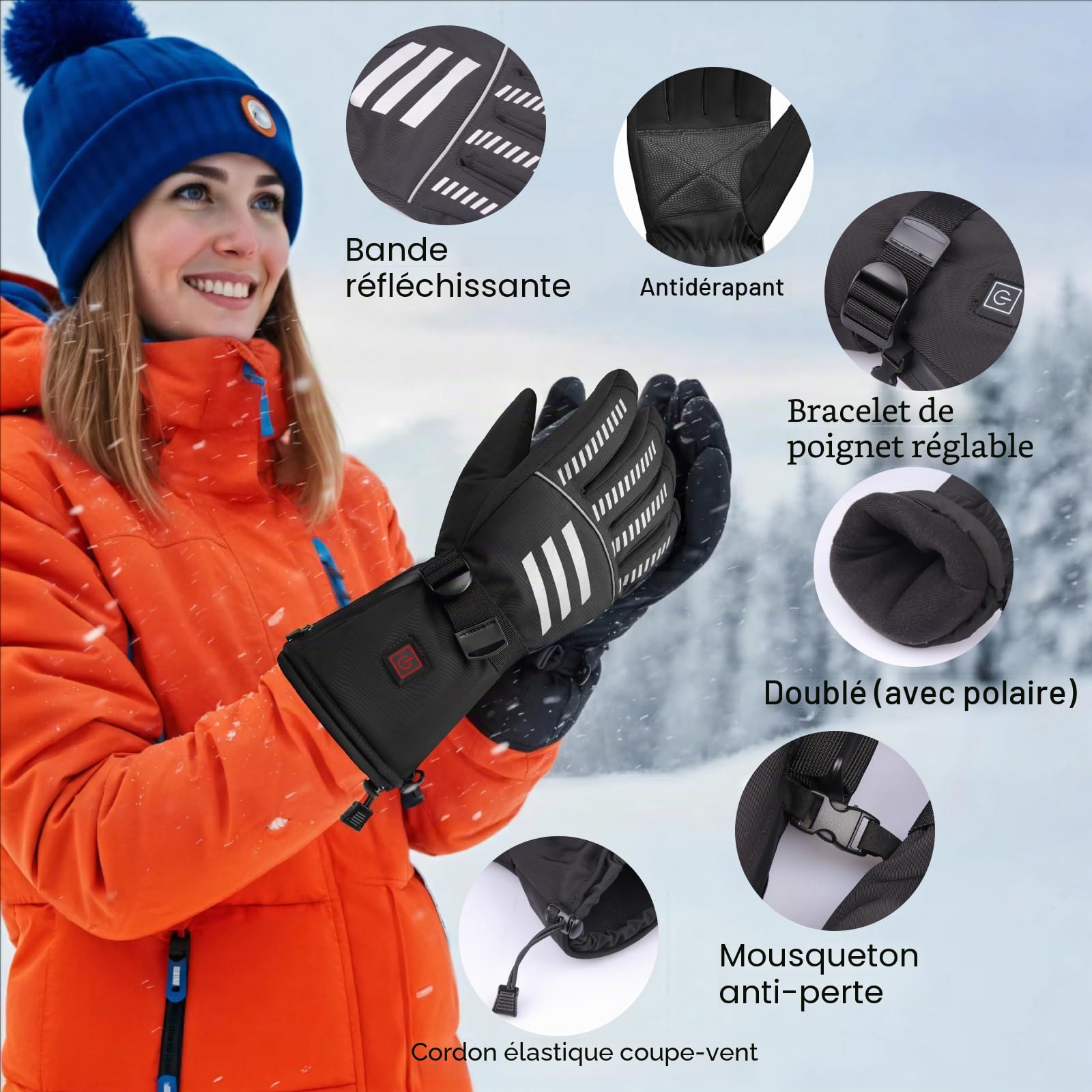 Gants Chauffants Rechargeables pour Homme et Femme, Gants de Ski Chauffants Électriques avec Batterie 3000mAh, 3 Niveaux de Chauffage, Imperméables, Tactiles pour Moto, Randonnée, Chasse