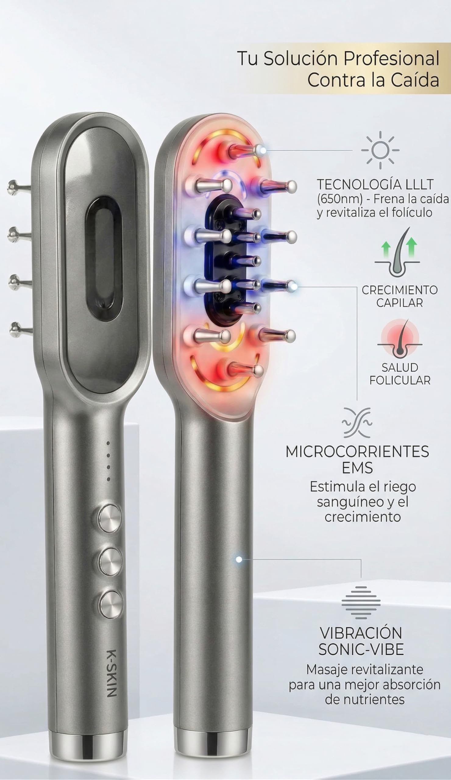 K·SKIN G3 HairPro Peine LED para Tratamiento Capilar, Masajeador con Microestimulación, Tecnología de Luz Azul, Roja y Rosa, Dispositivo Profesional para Fortalecimiento del Cabello
