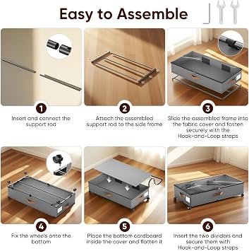 2 Pack Under bed Storage Box with Lid 48L UnderBed Storage Bag with Zips & Wheels, Removable Divider, Metal Frame Underbed Organizer Drawer Bin for Clothes Shoes Toys Blankets 78×42×17cm