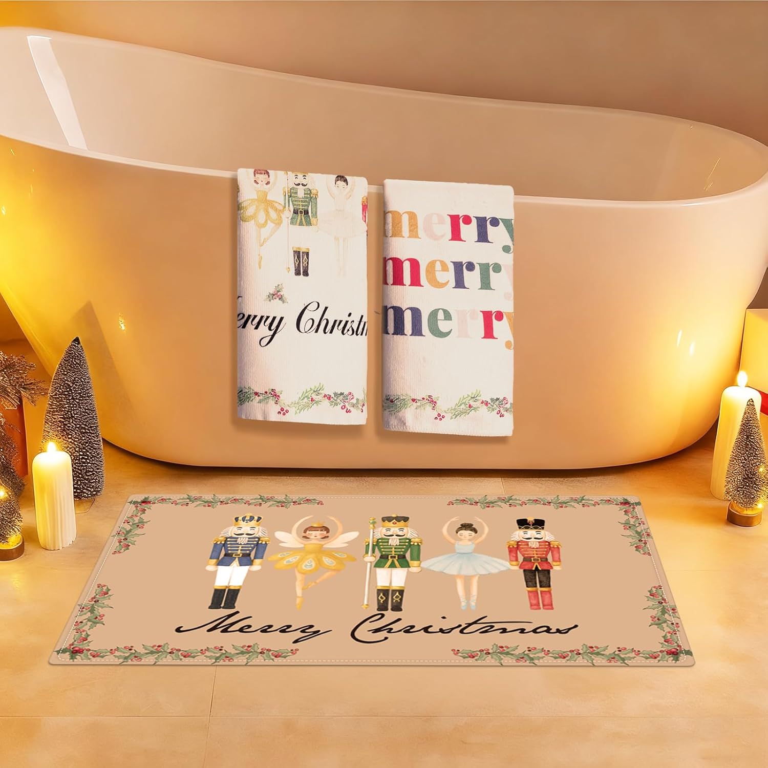 17 Pcs Christmas Nutcracker Bathroom Decoration Set Include Shower Curtain with 12 Hooks & Soap and Lotion Dispenser Non Slip Bath Mat Rug 2 Cotton Towels for Holiday Xmas Gifts Decor Accessories