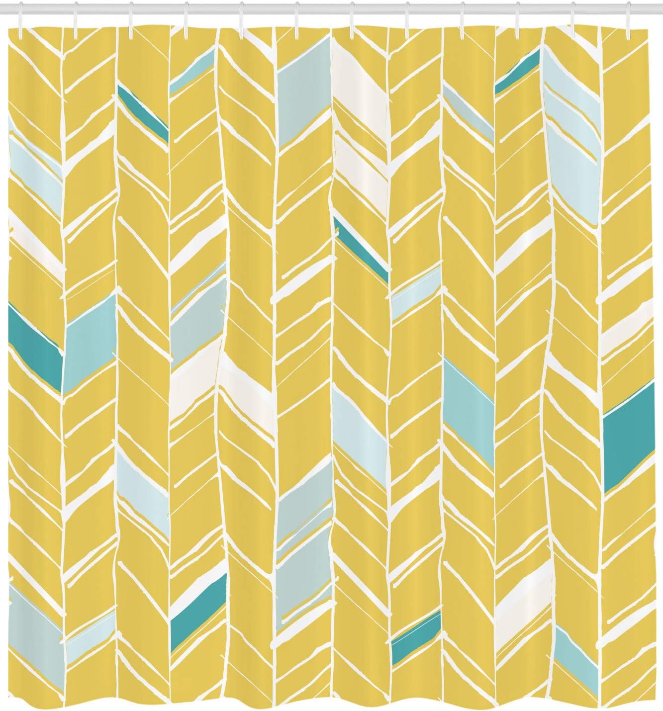 Ambesonne Yellow Chevron Shower Curtain, Herringbone Pattern Zig Zag Lines in Hand Drawn Doodle Art Style, Cloth Fabric Bathroom Decor Set with Hooks, 69" W x 70" L, Pale Blue Mustard
