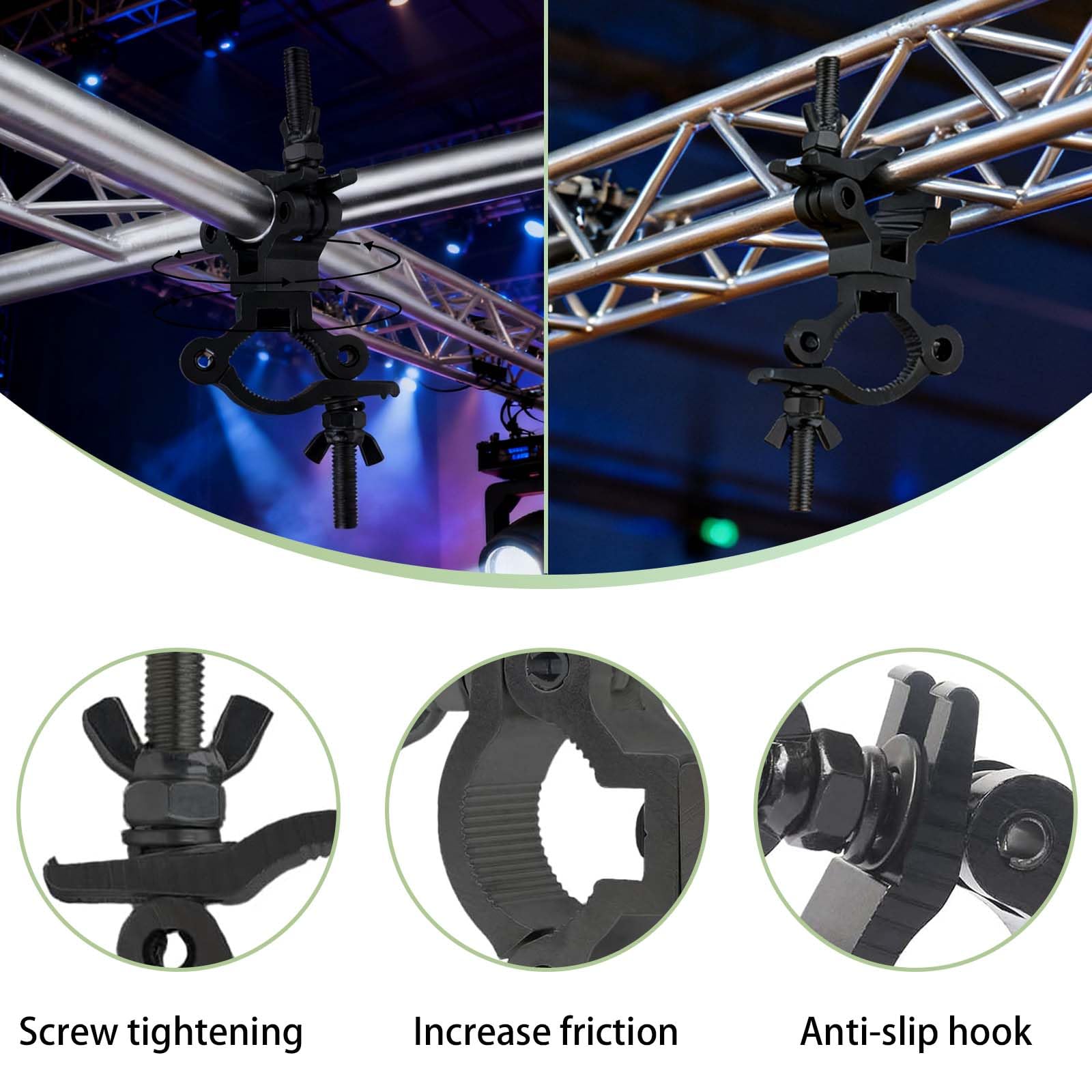 4Pack Stage Lighting Clamps for Truss Clamp for Lights 35-45mm Swivel Double Coupler Clamps for Lighting Truss Load 100kg Dual Swivel Scaffolding Clamps Hook for Scaffold Truss - Image 2