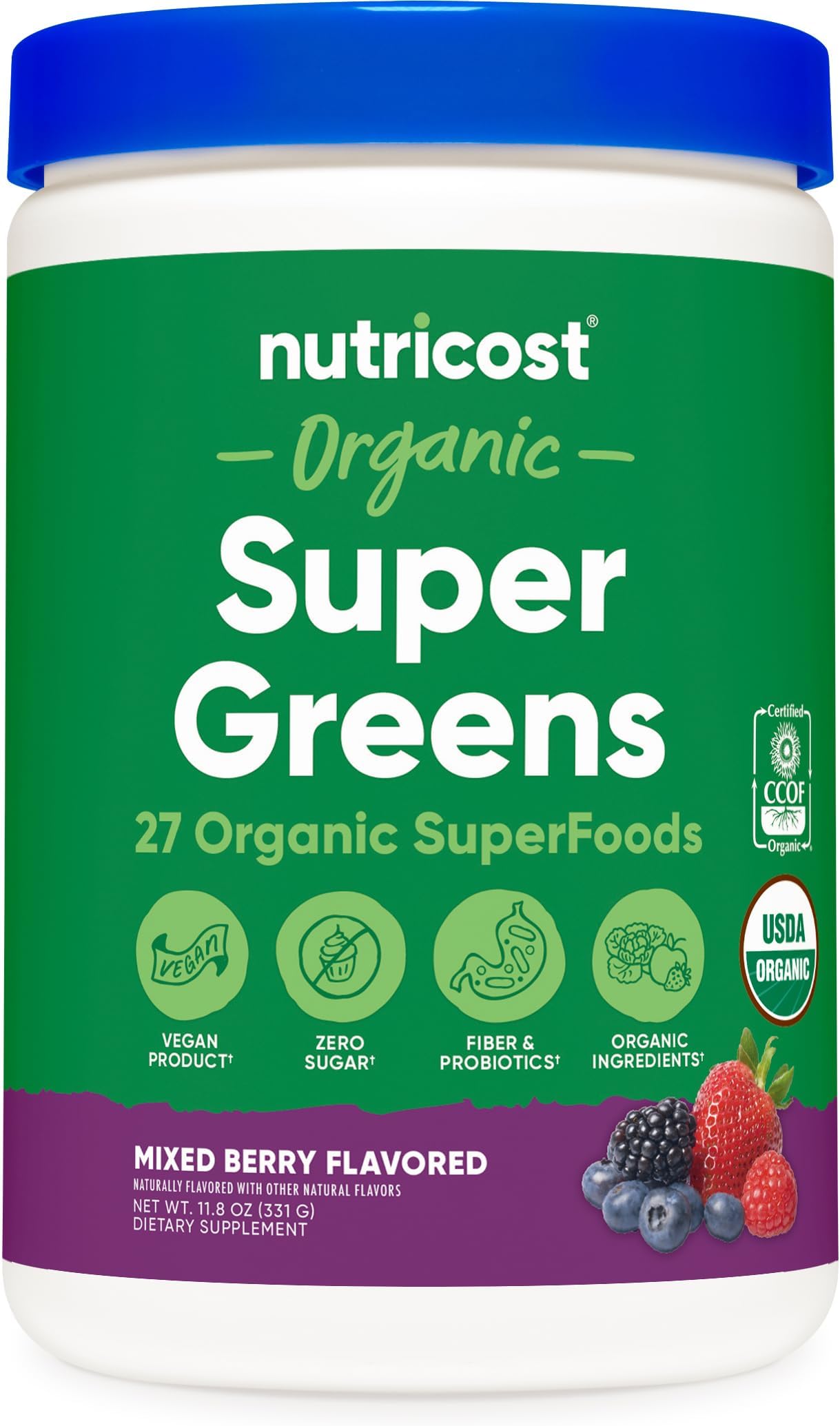 Organic Super Greens Powder (30 Servings) Mixed Berry Flavor - Superfood Supplement Drink Mix