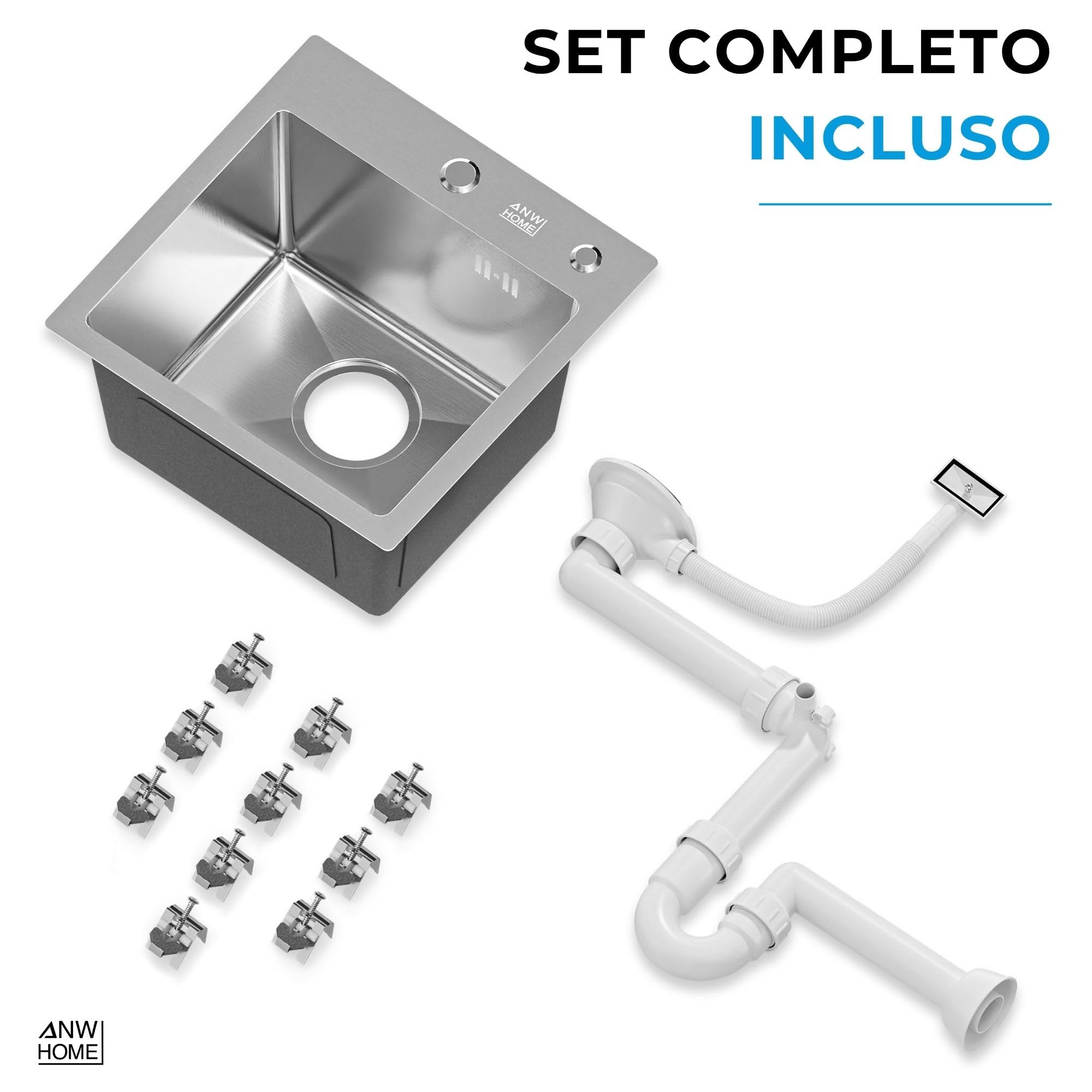 ANW HOME Lavello Cucina 1 Vasca 38x38 cm, Acciaio Inox 304 | Finitura Satinata, Spessore 2/0,7 mm, Profondità 20 cm, Con Sifone