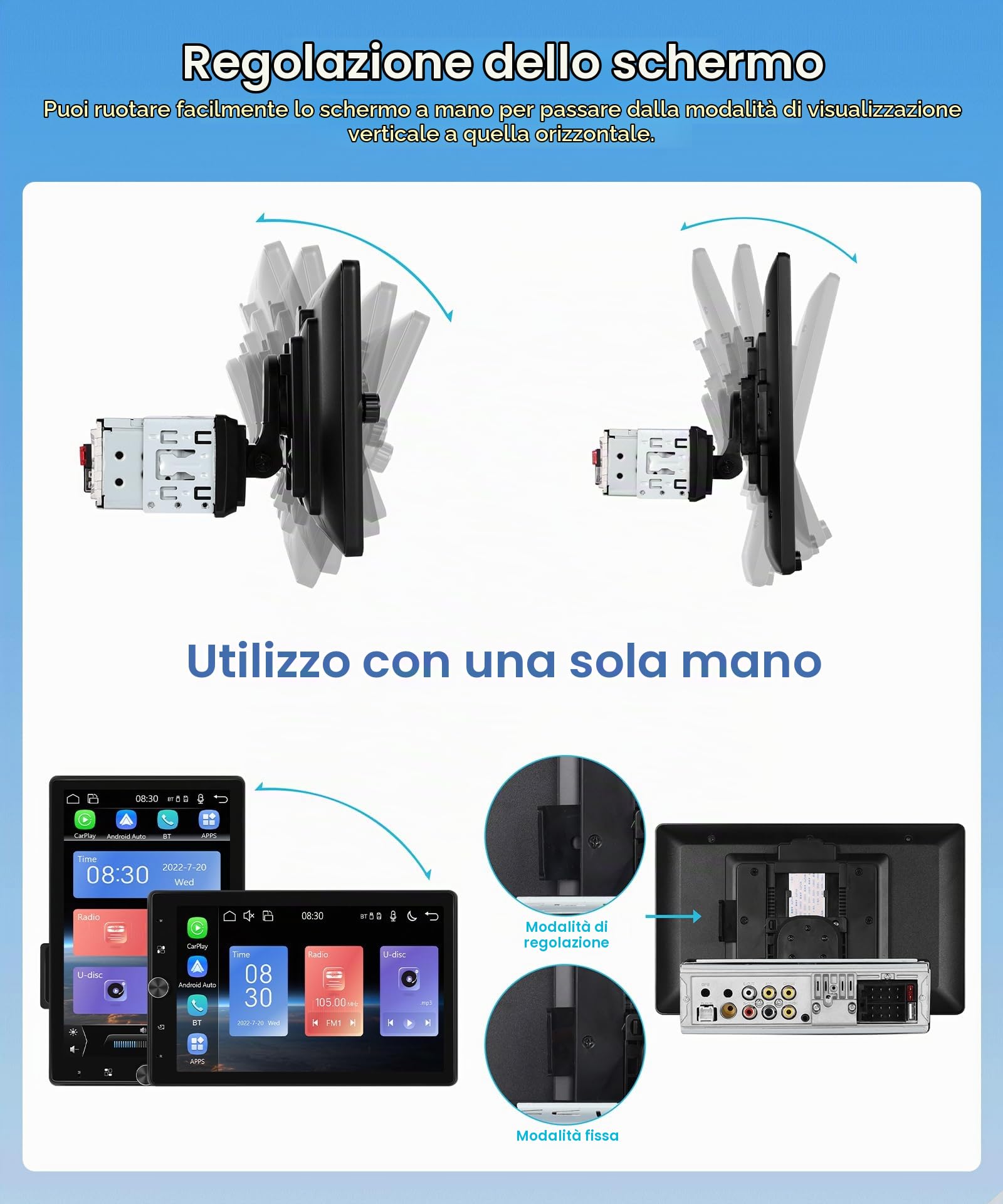 Rimoody Autoradio 1 Din con Senza Fili Carplay Android Auto 10.4 Pollici Rotante Touchscreen Autoradio con IOS/Android Mirror Link Bluetooth FM USB/AUX/EQ Controllo del Volante Telecamera Posteriore