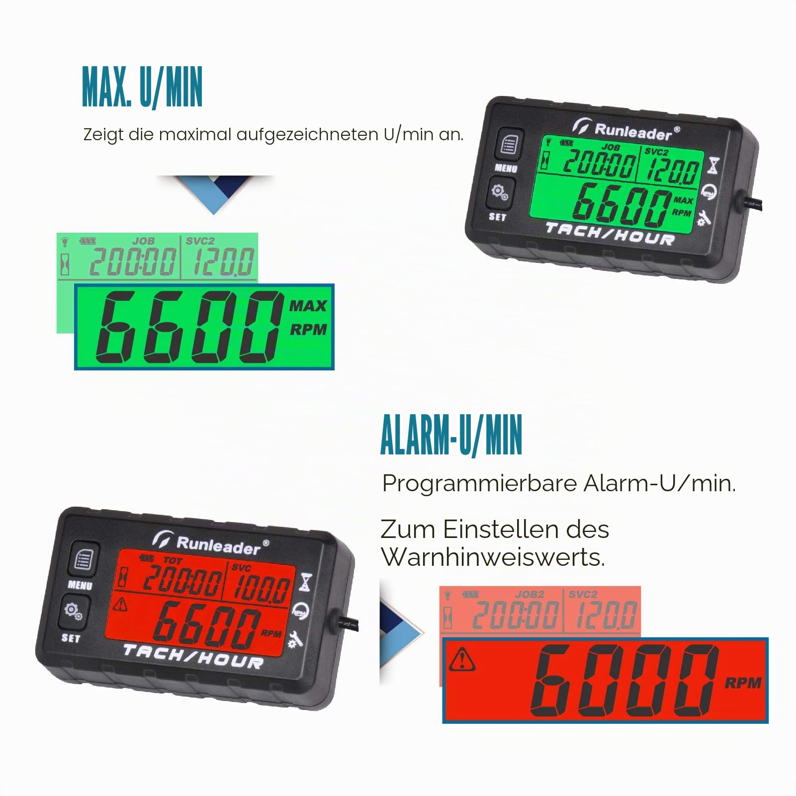 Runleader Betriebsstundenzähler Drehzahlmesser,Wartungsstundenzähler,Alarm-RPM-Erinnerung, mehrfarbiges Display mit Hintergrundbeleuchtung,Anfangsstunden einstellbar,Wasserdicht Blau