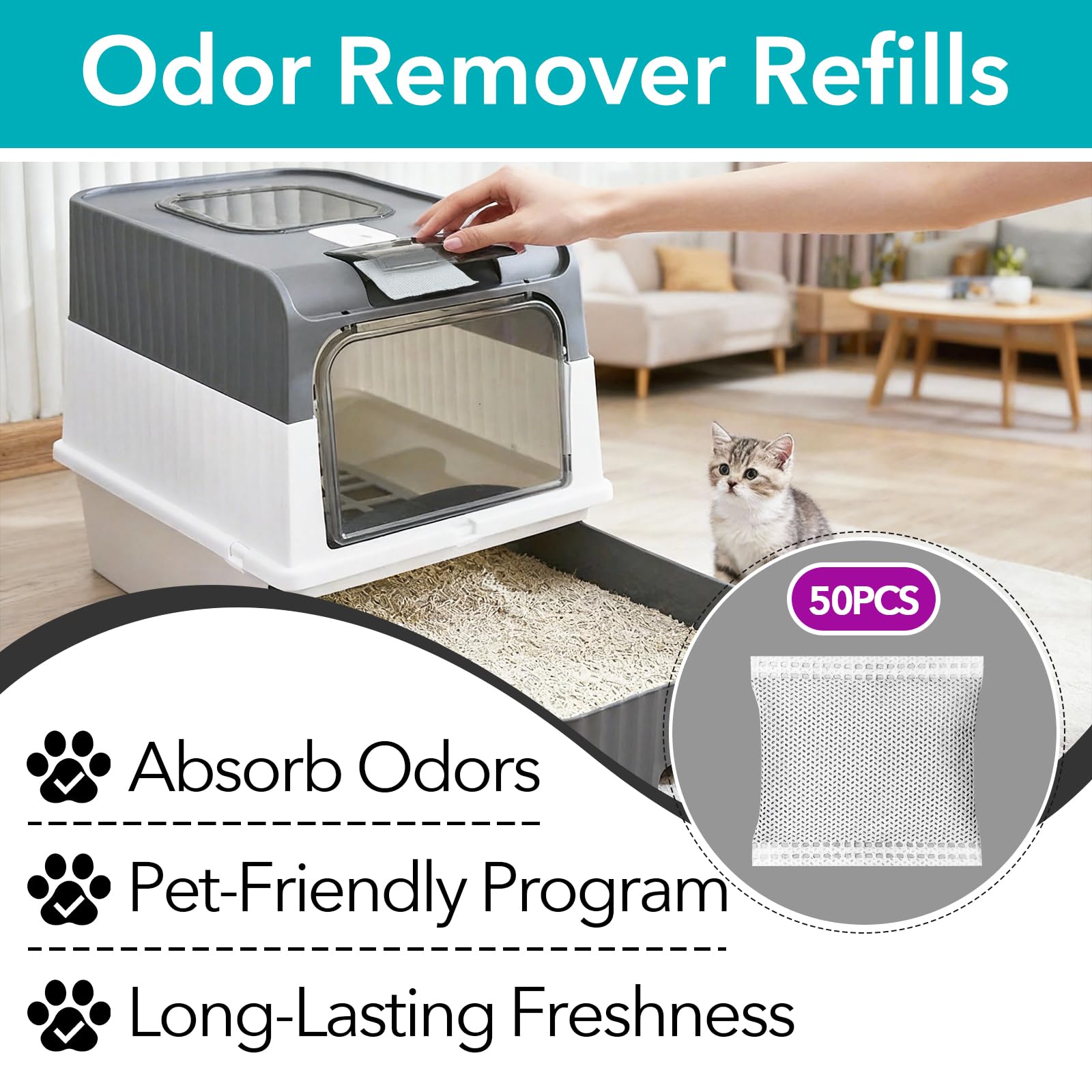 50 Pcs Activated Carbon Odor Eliminator Replacement for Hooded Cat Litter Box, Odor Remover Refills, Coconut Shell Charcoal Bags for Pet Odor Control - image 2