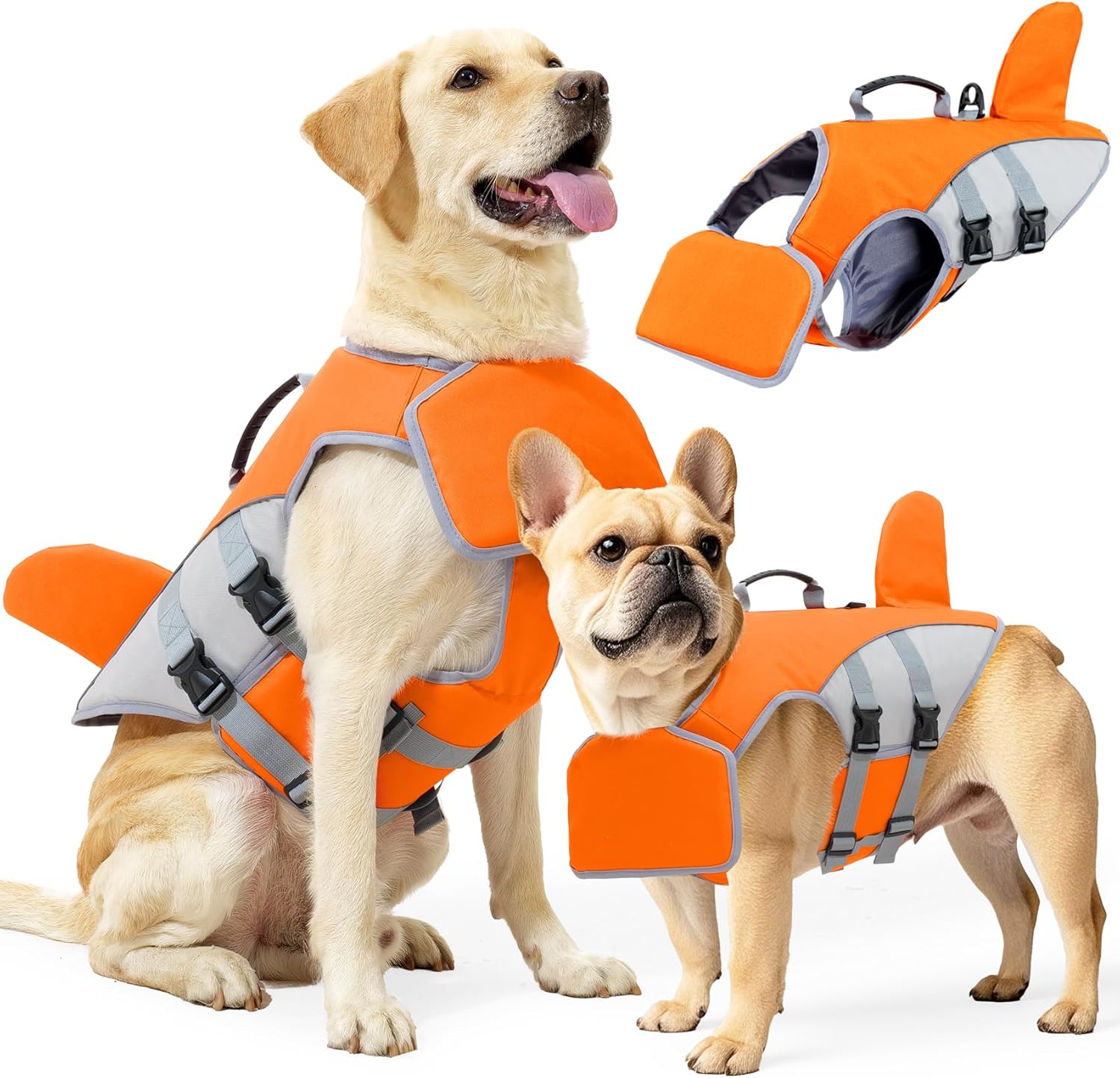 Dog Life Jacket with Removable Front Float, Shark Shape Adjustable Dog Safety Swimming Vest with Rescue Handle for Boating & Pool(Orange，XL)