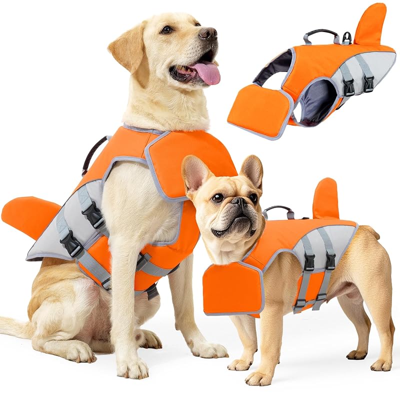 Colete salva-vidas para cães com design de tubarão, alças ajustáveis e detalhes refletivos Kingbaobao – Tamanho Grande