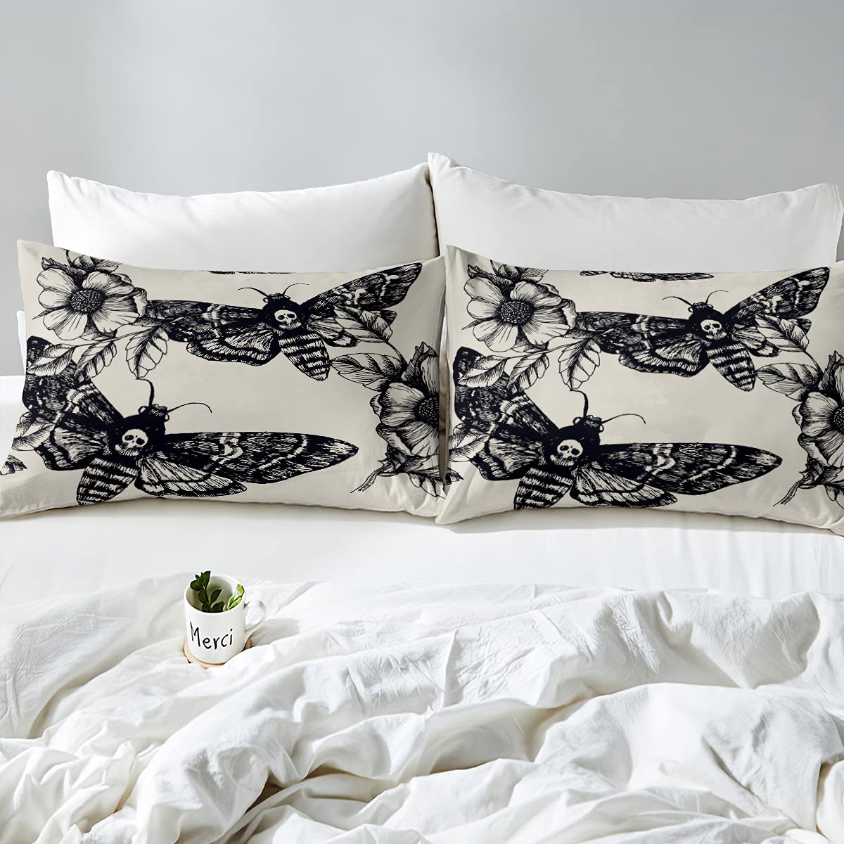 Piumino con teschio gotico insertativo e tarme morte e fiori, 230x220cm per bambini adolescenti adulti traspirante ossa scheletrate piumone nero crema