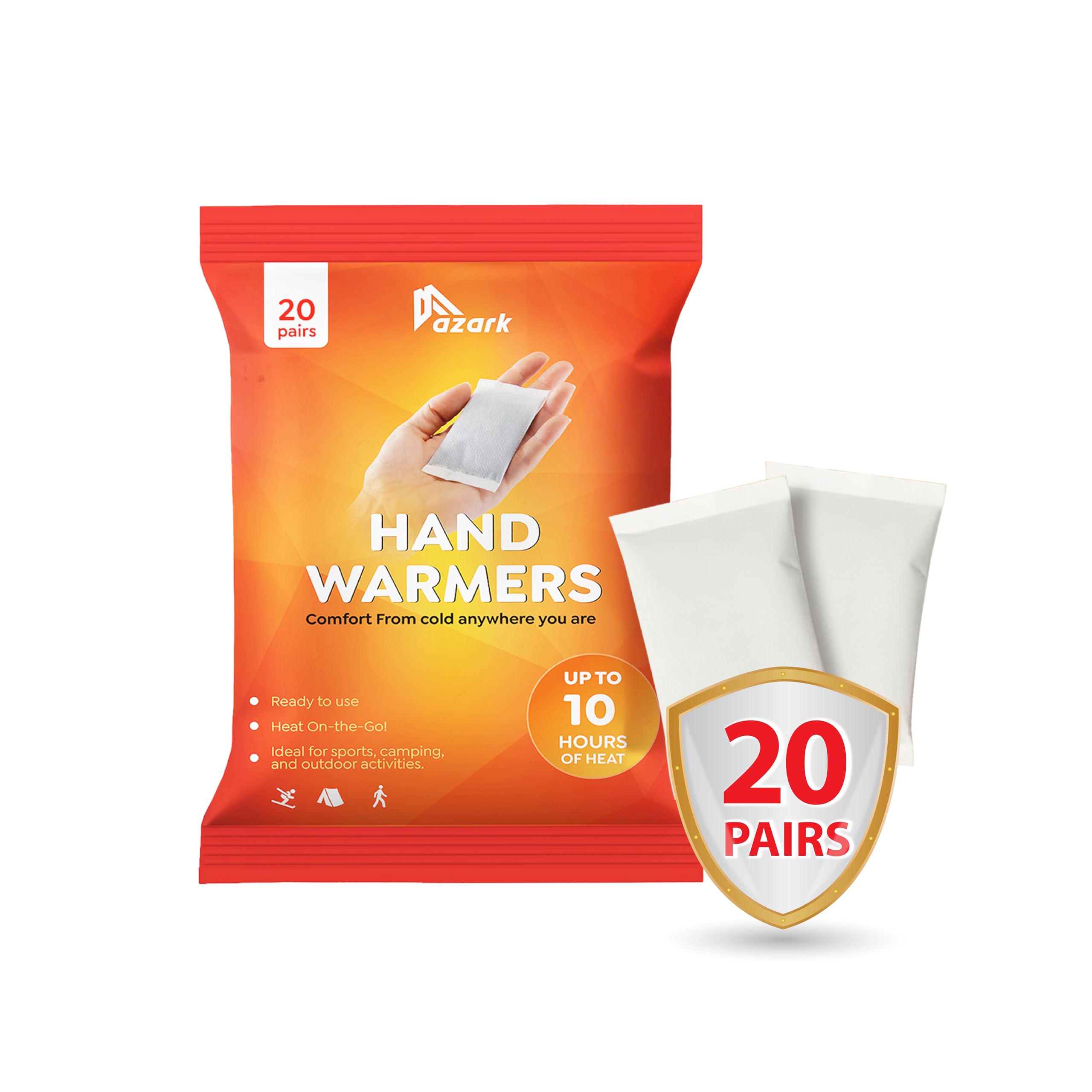 azark Unisex Disposable Hand Warmers 20 Pack, Up to 10 Hours Heat Instant Fast Heating Packs for Men & Women Portable Pocket Size, Ideal for Sports, Camping, Hiking, Travel, Skiing, Cold Weather
