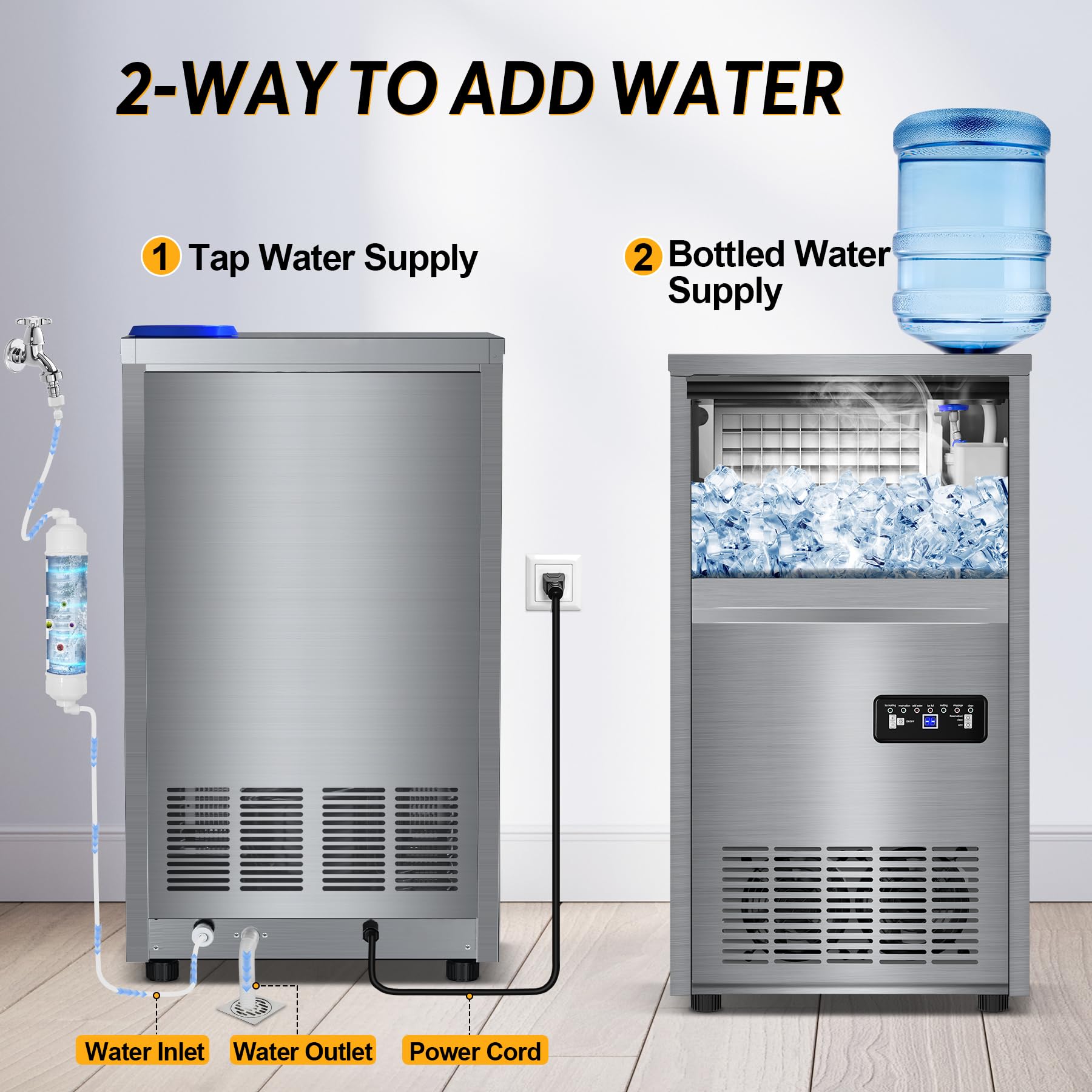 Commercial Ice Maker Machine, 140 lbs/24H with 40 lbs Storage Bin, Built in Ice Machine with 2-Water Inlet Options, Stainless Steel Under Counter Freestanding Ice Maker for Home, Bar, and Restaurant