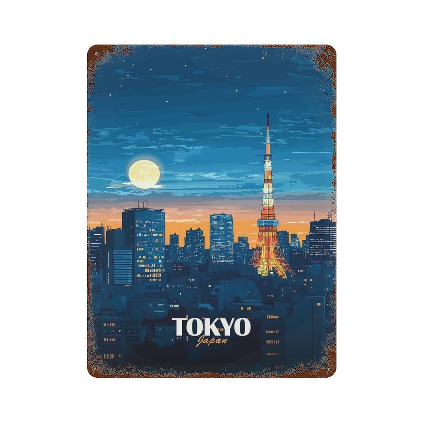Tokyo Japan Cityscape at Night 15.7"x11.8" Rustic Tin Plaque, Farmhouse Wall Decor for Basement, Hobby Room And Garage Decor