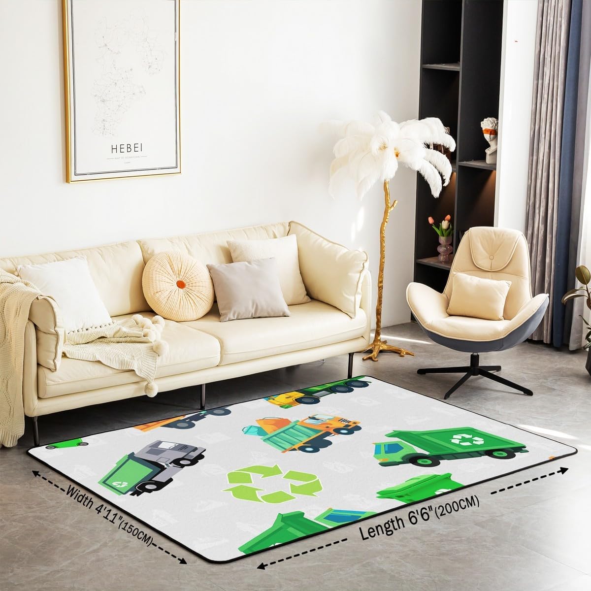 jejeloiu Garbage Truck Area Rug 5x7 Inch Cartoon Car Indoor Floor Mat Kids Teens Construction Vehicles Living Room Rugs Cute Truck Green White Accent Rug