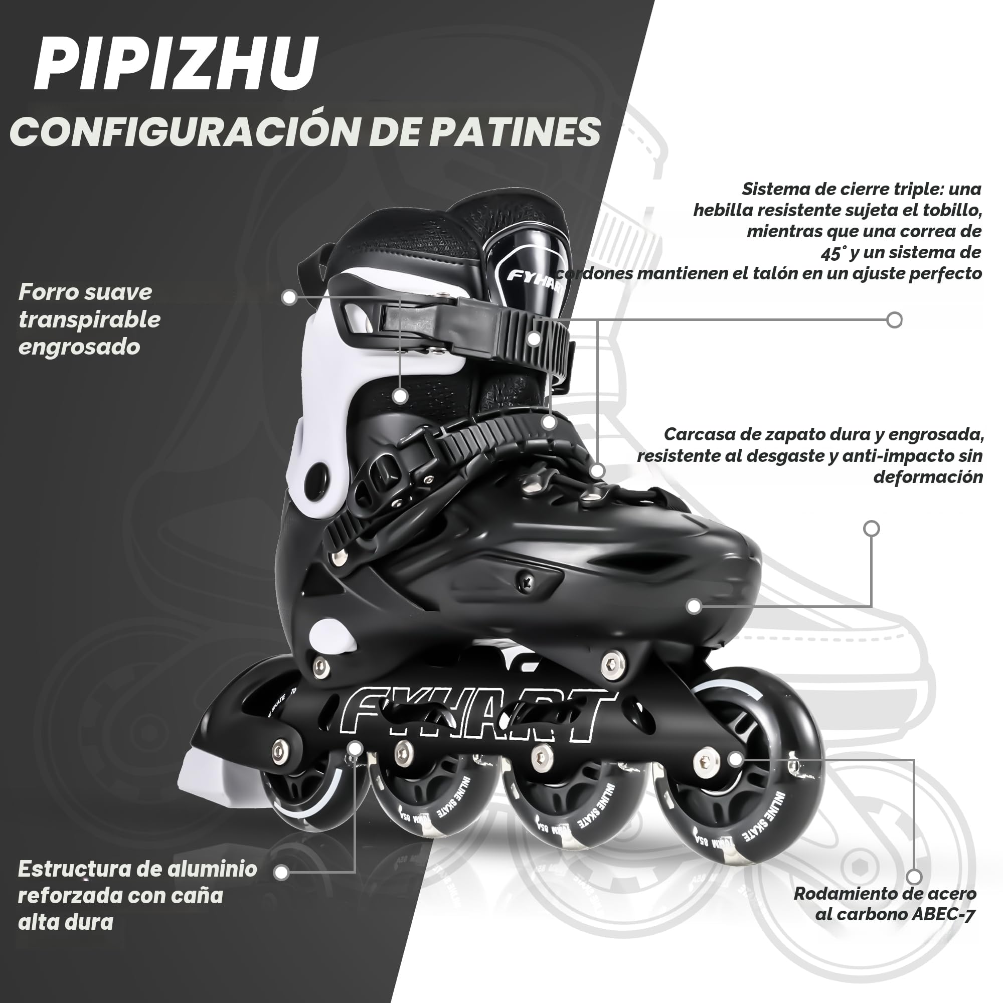 Patines en Línea para Niños y Adultos 4 Ruedas Negro